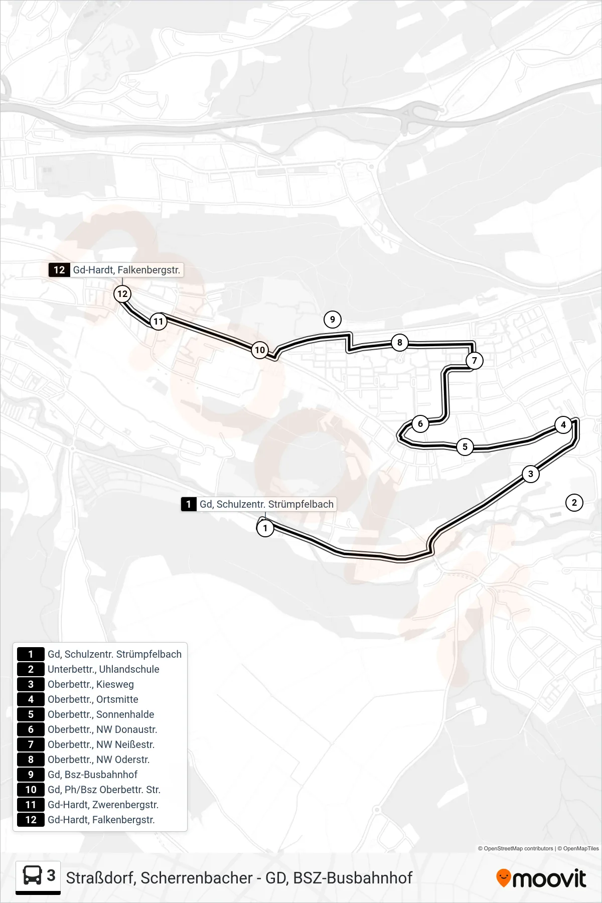 3 tram Line (Gd-Hardt, Falkenbergstr.) route and stops on a map