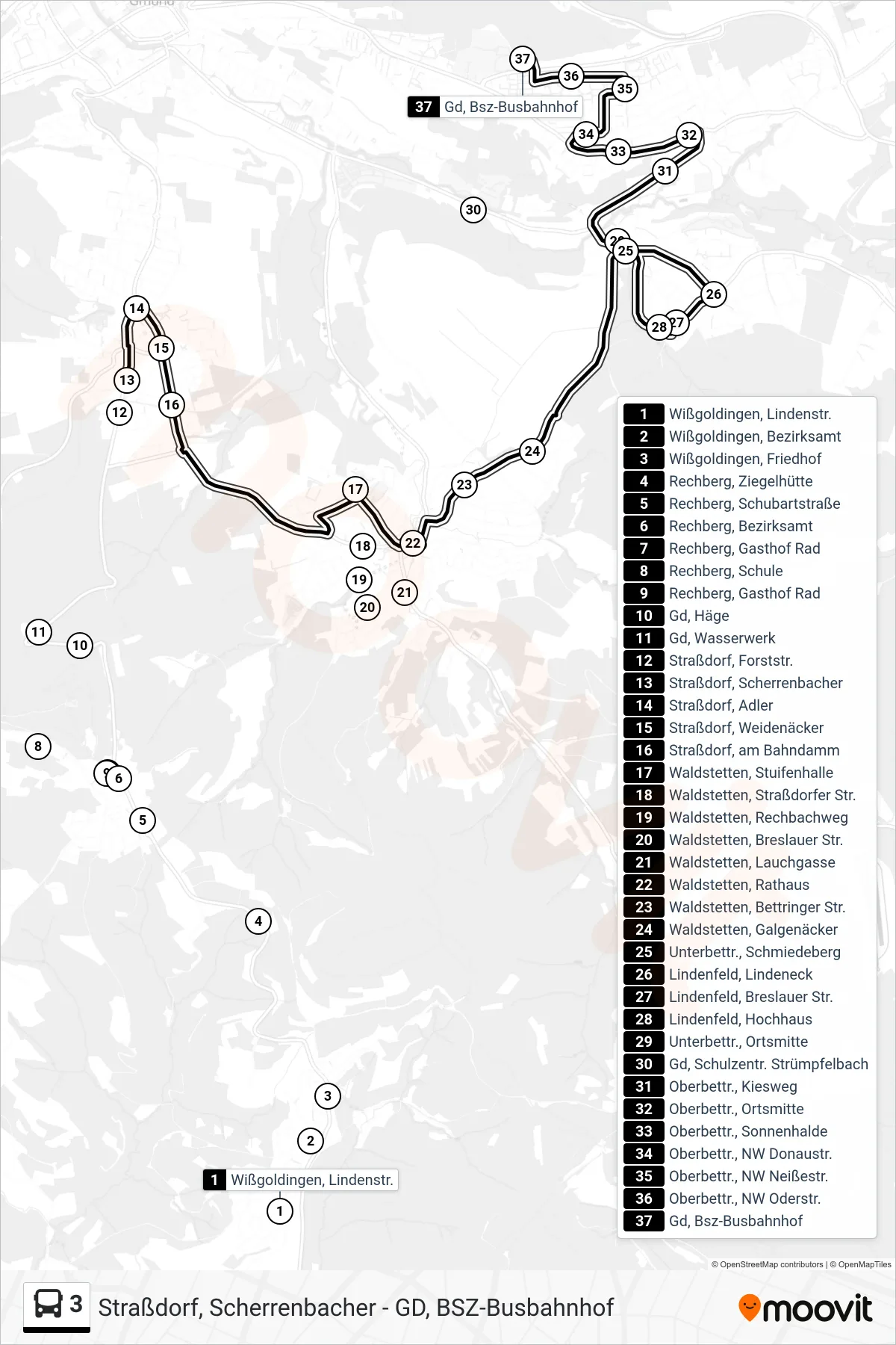 3 tram Line (Gd, Bsz-Busbahnhof) route and stops on a map