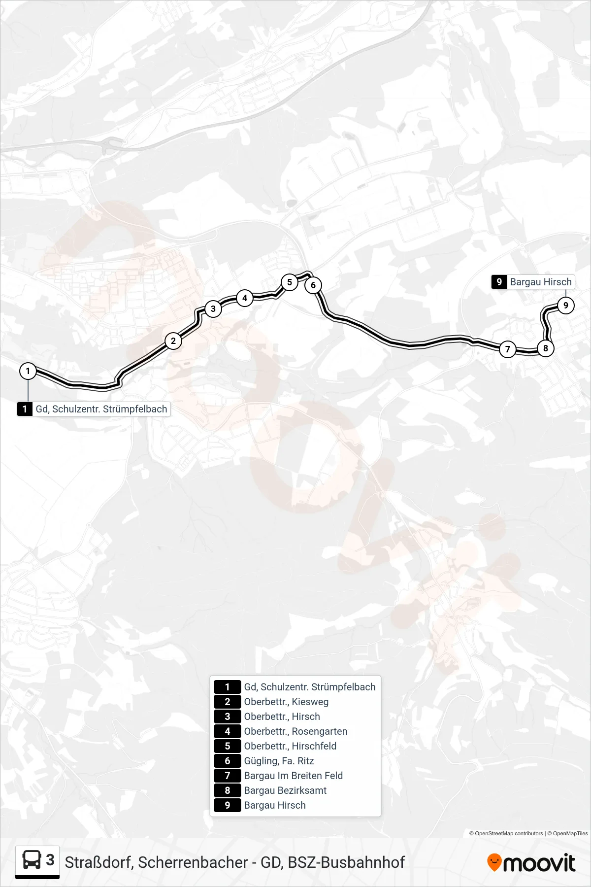 3 tram Line (Bargau Hirsch) route and stops on a map