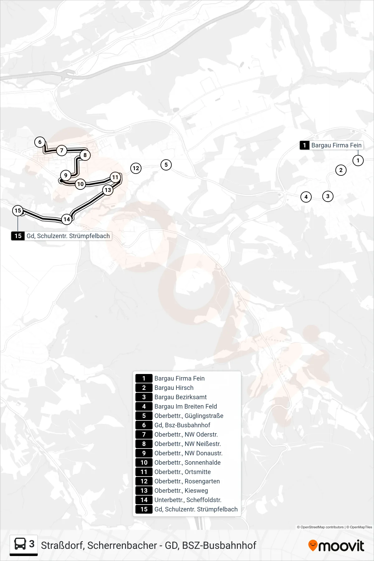 3 tram Line (Gd, Schulzentr. Strümpfelbach) route and stops on a map