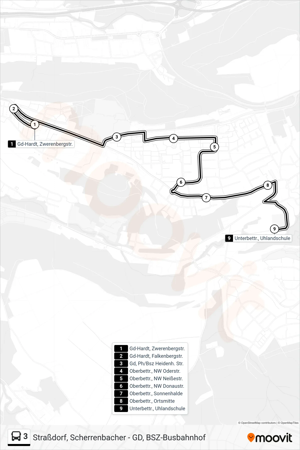 3 tram Line (Unterbettr., Uhlandschule) route and stops on a map