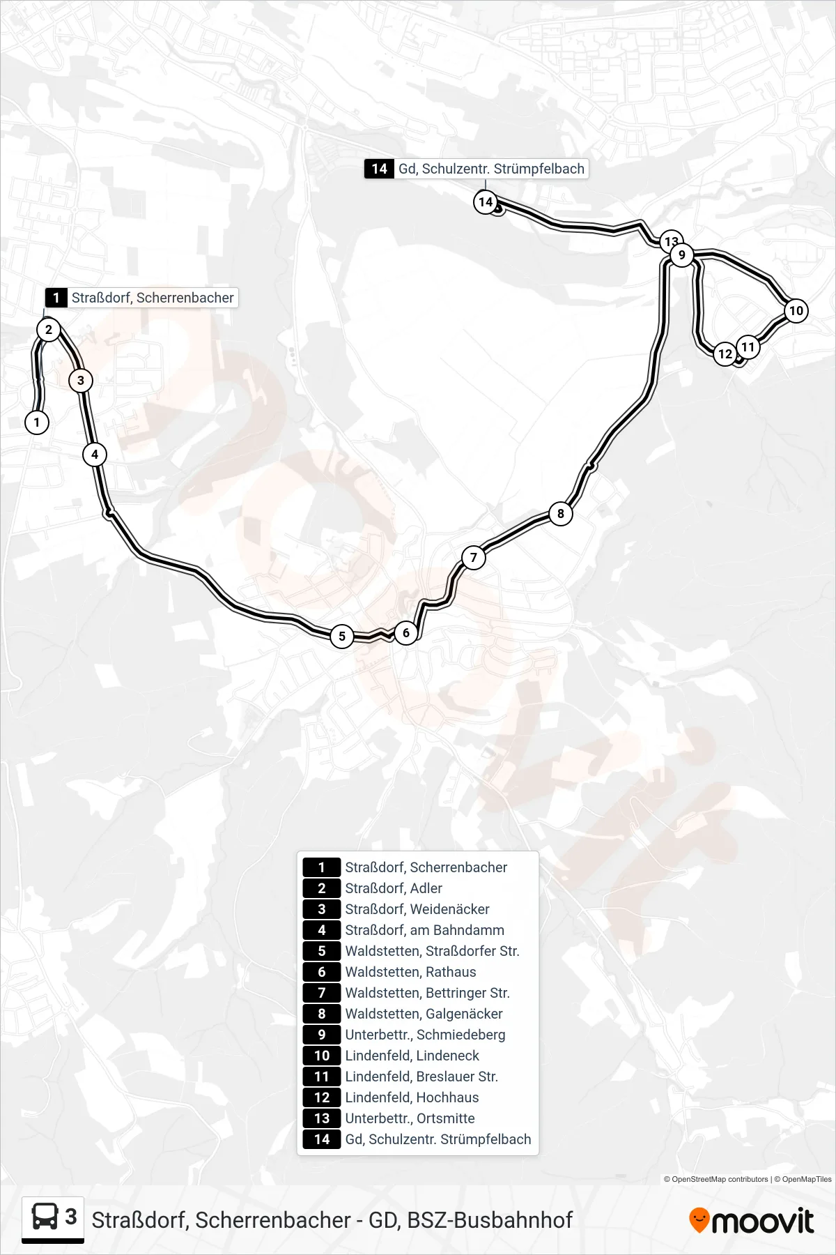 3 tram Line (Gd, Schulzentr. Strümpfelbach) route and stops on a map