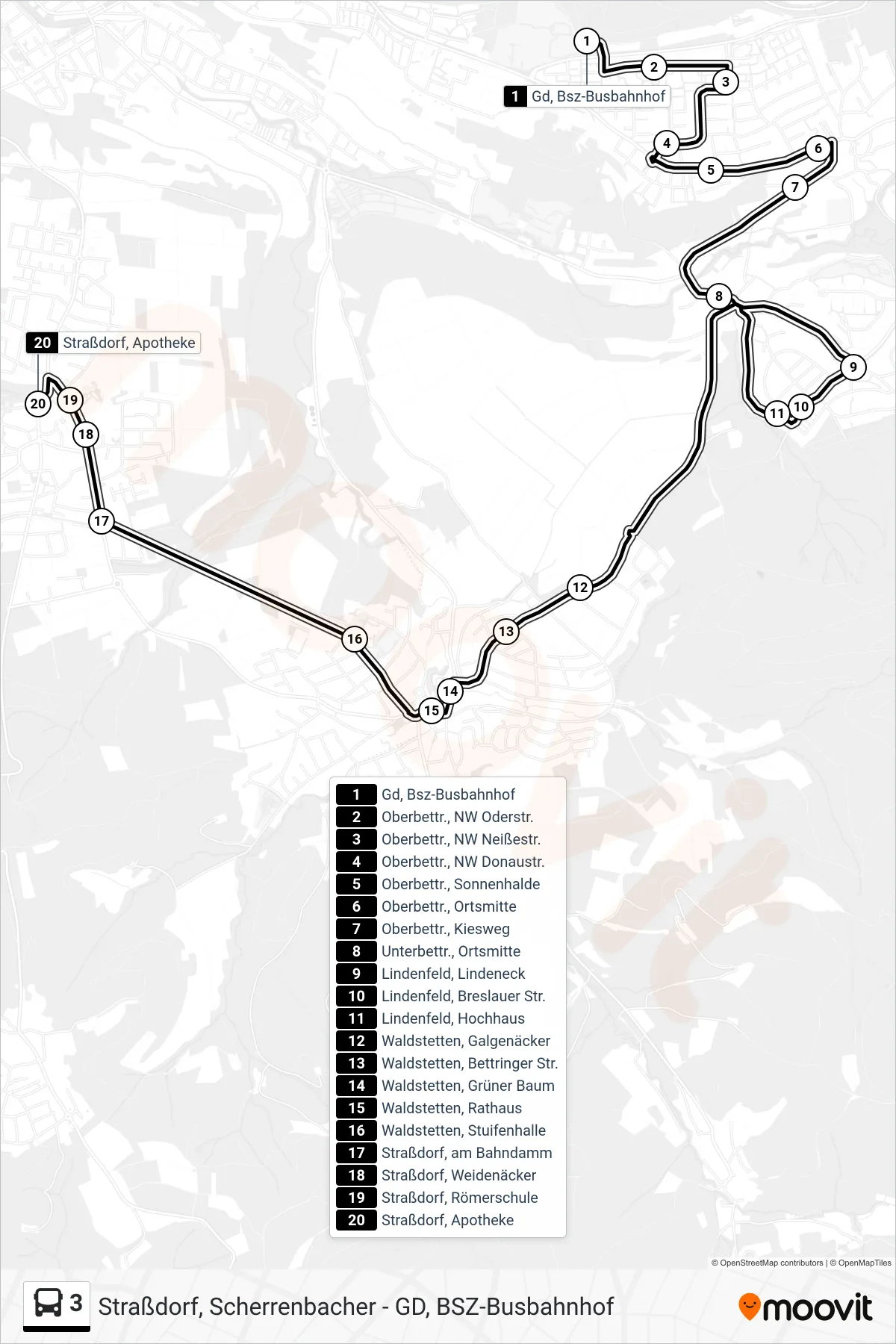 3 tram Line (Straßdorf, Apotheke) route and stops on a map