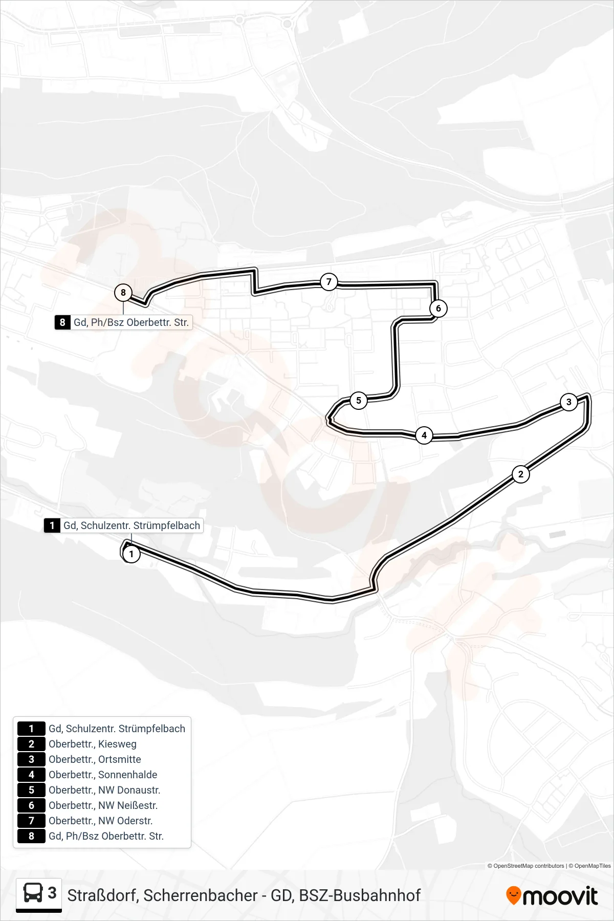 3 tram Line (Gd, Ph/Bsz Oberbettr. Str.) route and stops on a map