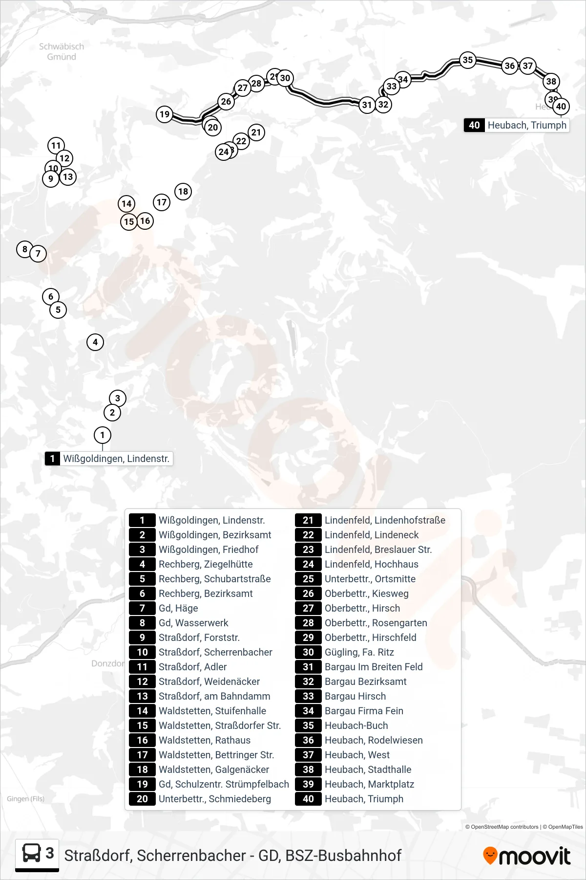 3 tram Line (Heubach, Triumph) route and stops on a map