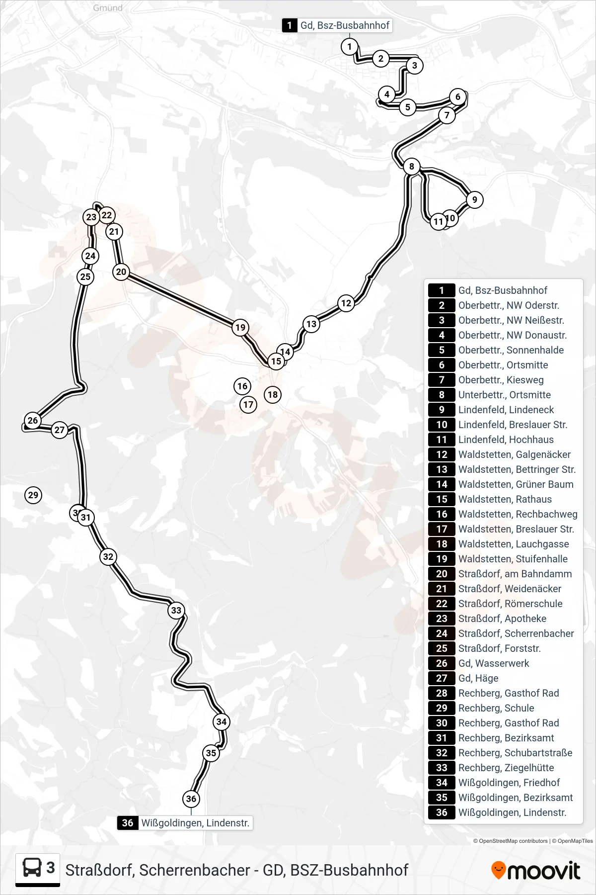 3 tram Line (Wißgoldingen, Lindenstr.) route and stops on a map