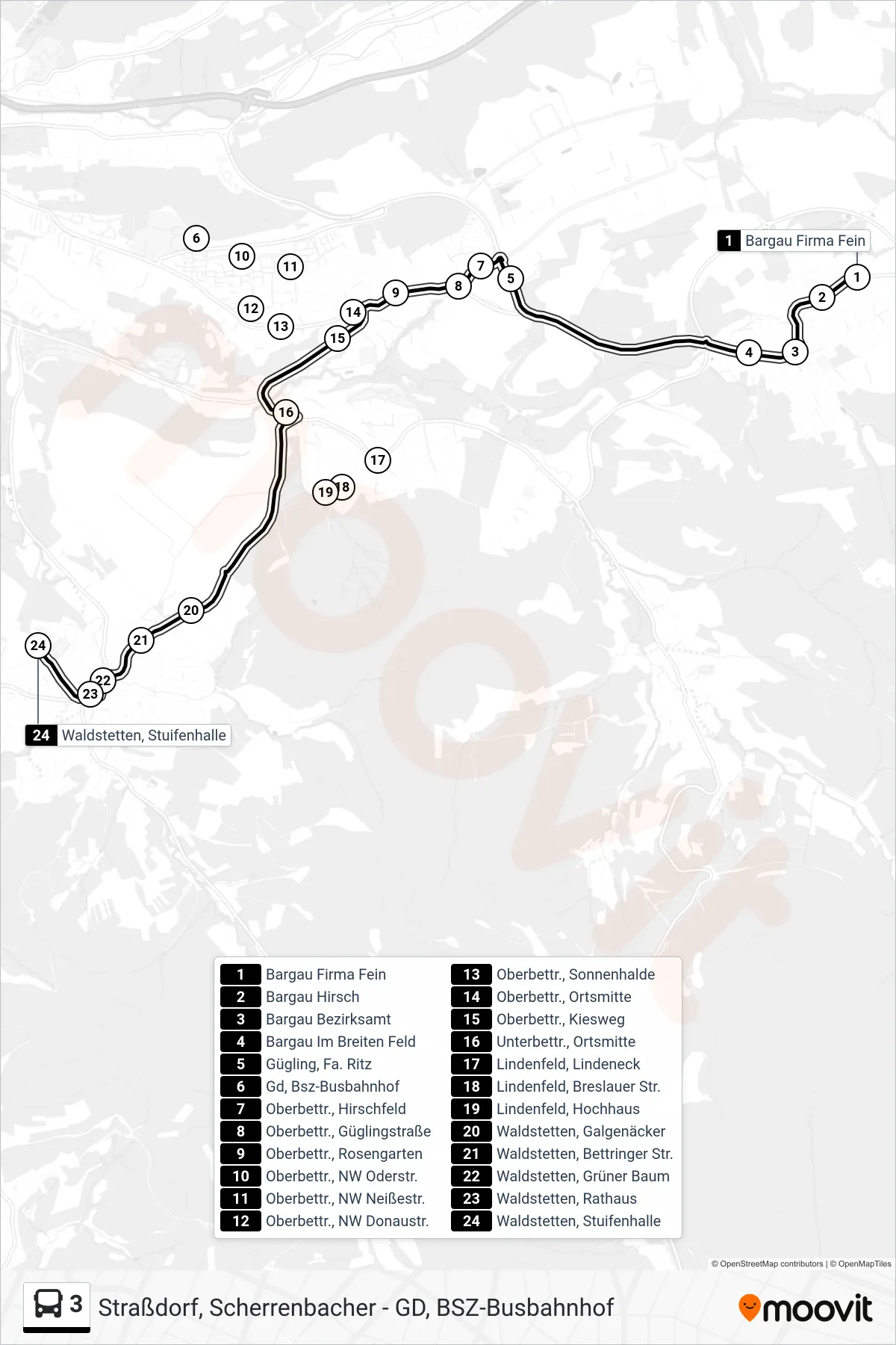 3 tram Line (Waldstetten, Stuifenhalle) route and stops on a map