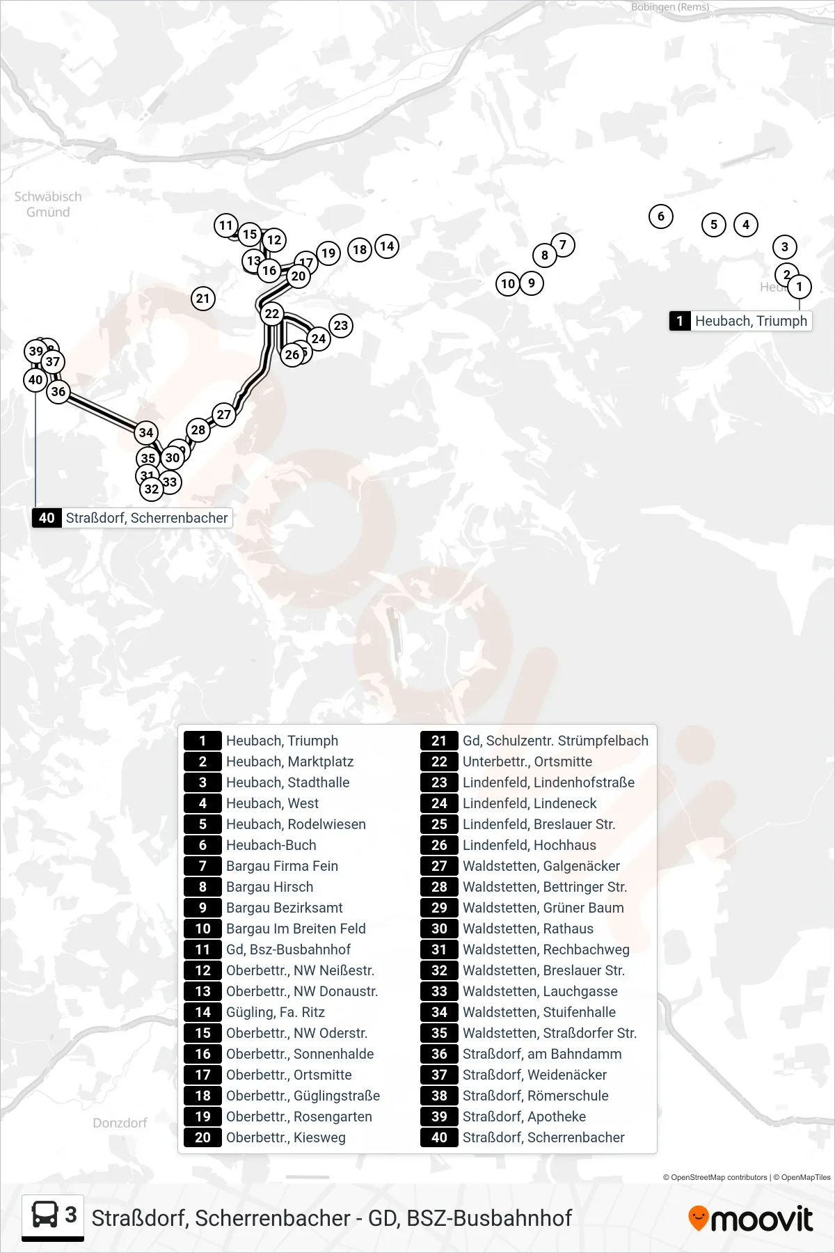3 tram Line (Straßdorf, Scherrenbacher) route and stops on a map