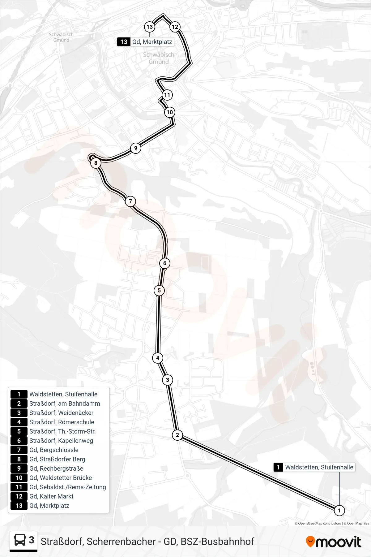 Linie 3 (Tram) Richtung Gd, Marktplatz: Route und Haltestellen auf der Karte
