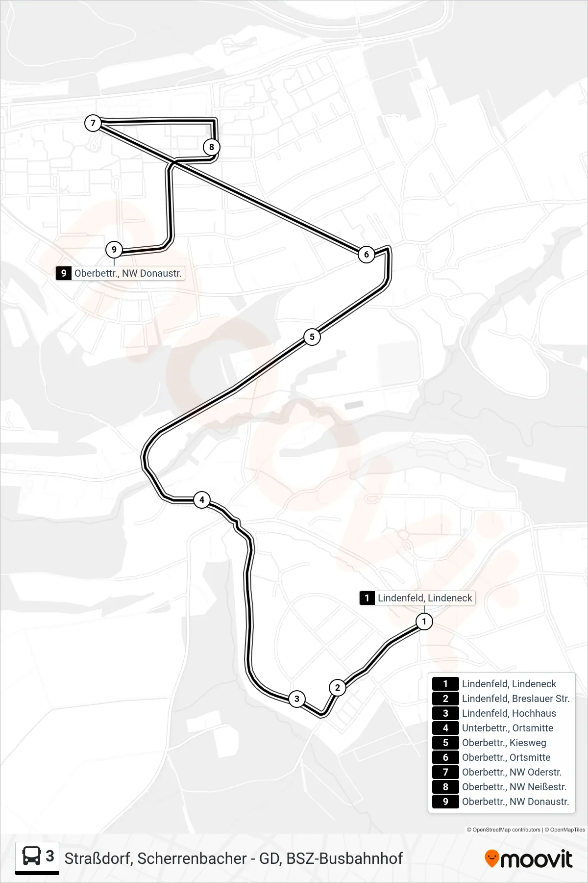 3 tram Line (Oberbettr., NW Donaustr.) route and stops on a map