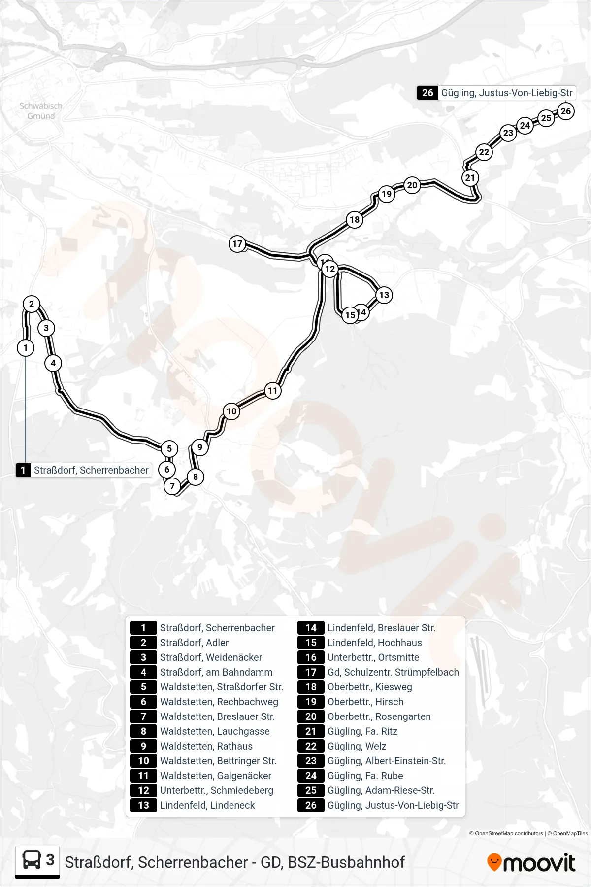 3 tram Line (Gügling, Justus-Von-Liebig-Str) route and stops on a map