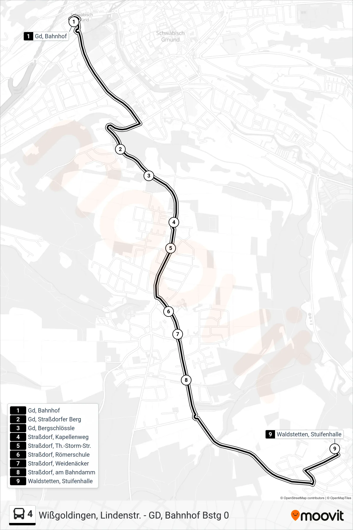 4 tram Line (Waldstetten, Stuifenhalle) route and stops on a map