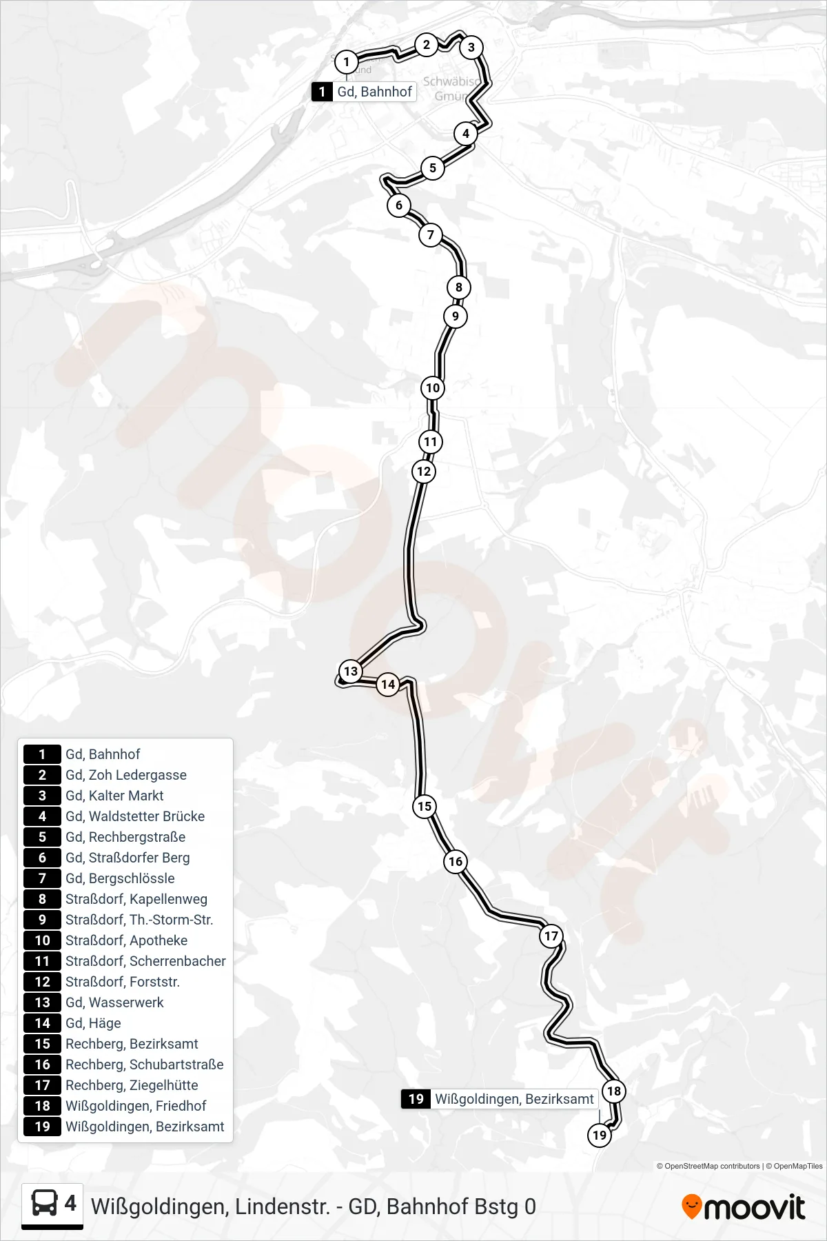 4 tram Line (Wißgoldingen, Bezirksamt) route and stops on a map