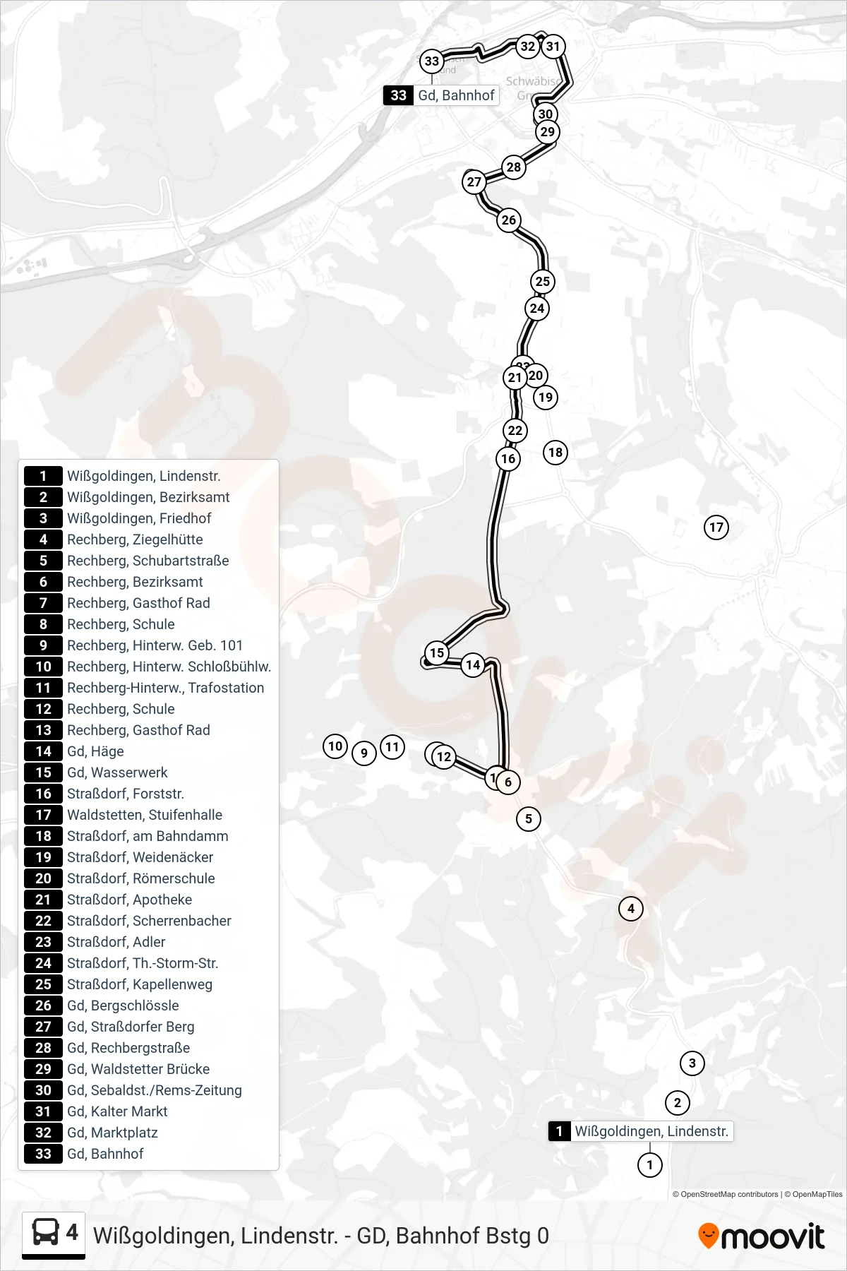 4 tram Line (Gd, Bahnhof) route and stops on a map