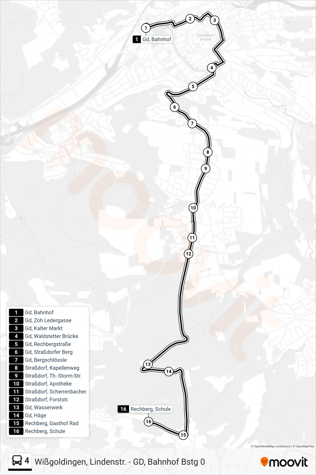 4 tram Line (Rechberg, Schule) route and stops on a map