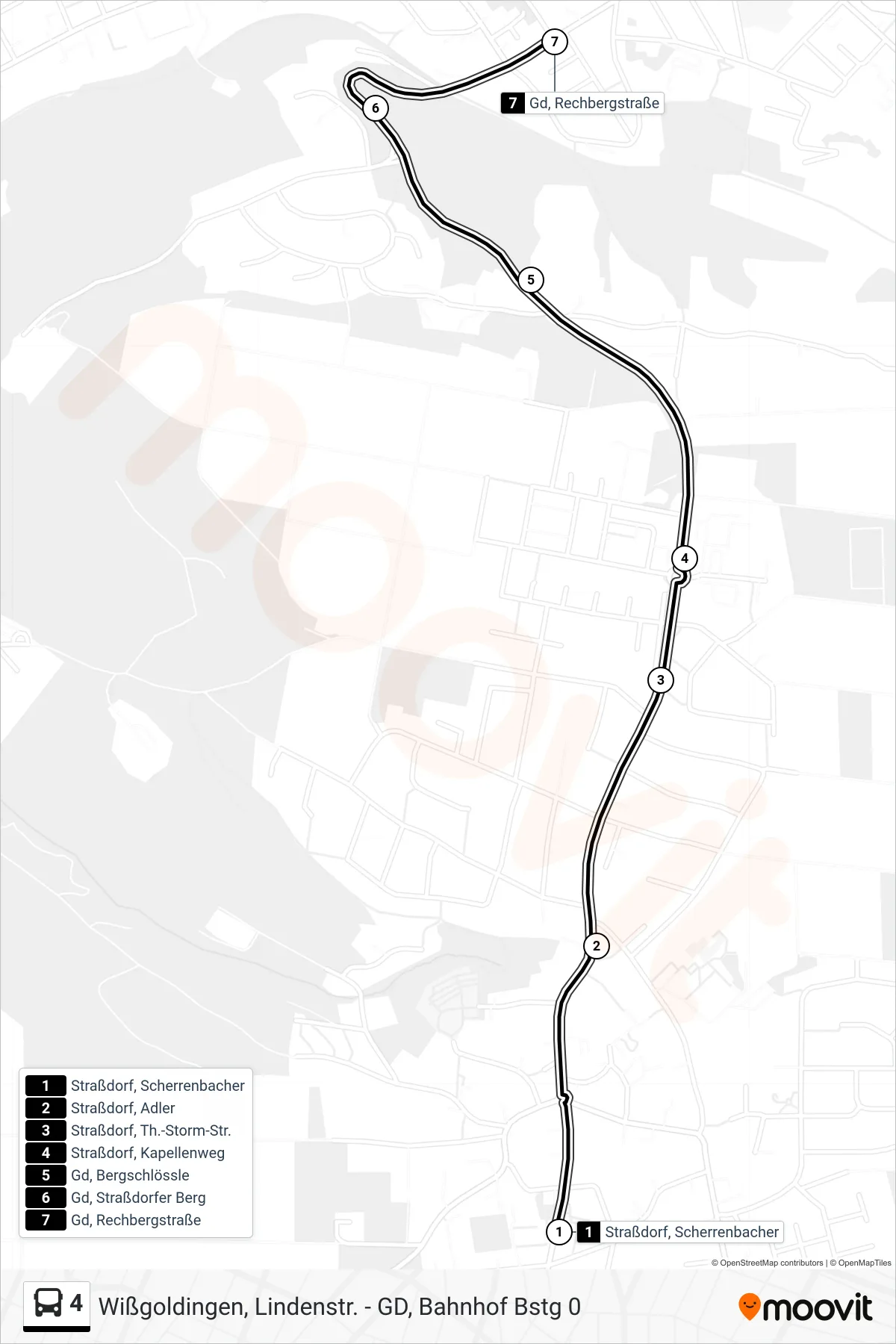 4 tram Line (Gd, Rechbergstraße) route and stops on a map