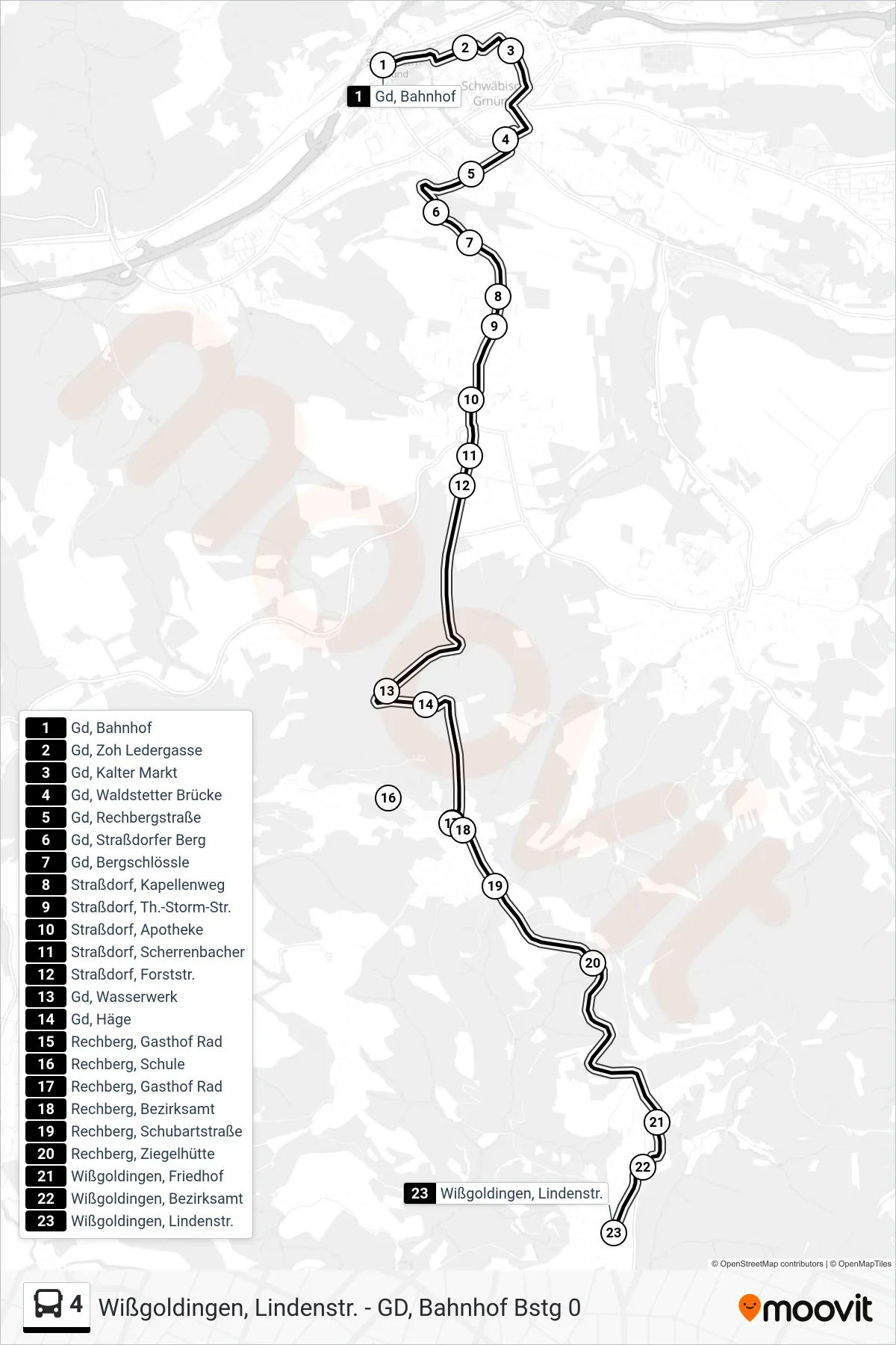 4 tram Line (Wißgoldingen, Lindenstr.) route and stops on a map