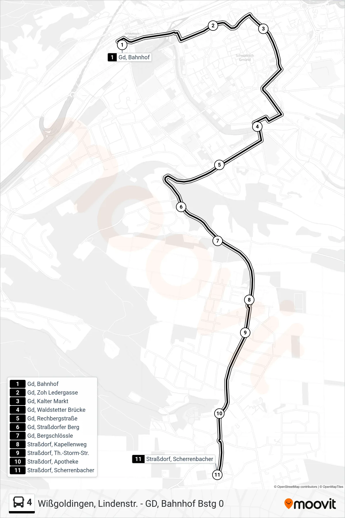 4 tram Line (Straßdorf, Scherrenbacher) route and stops on a map
