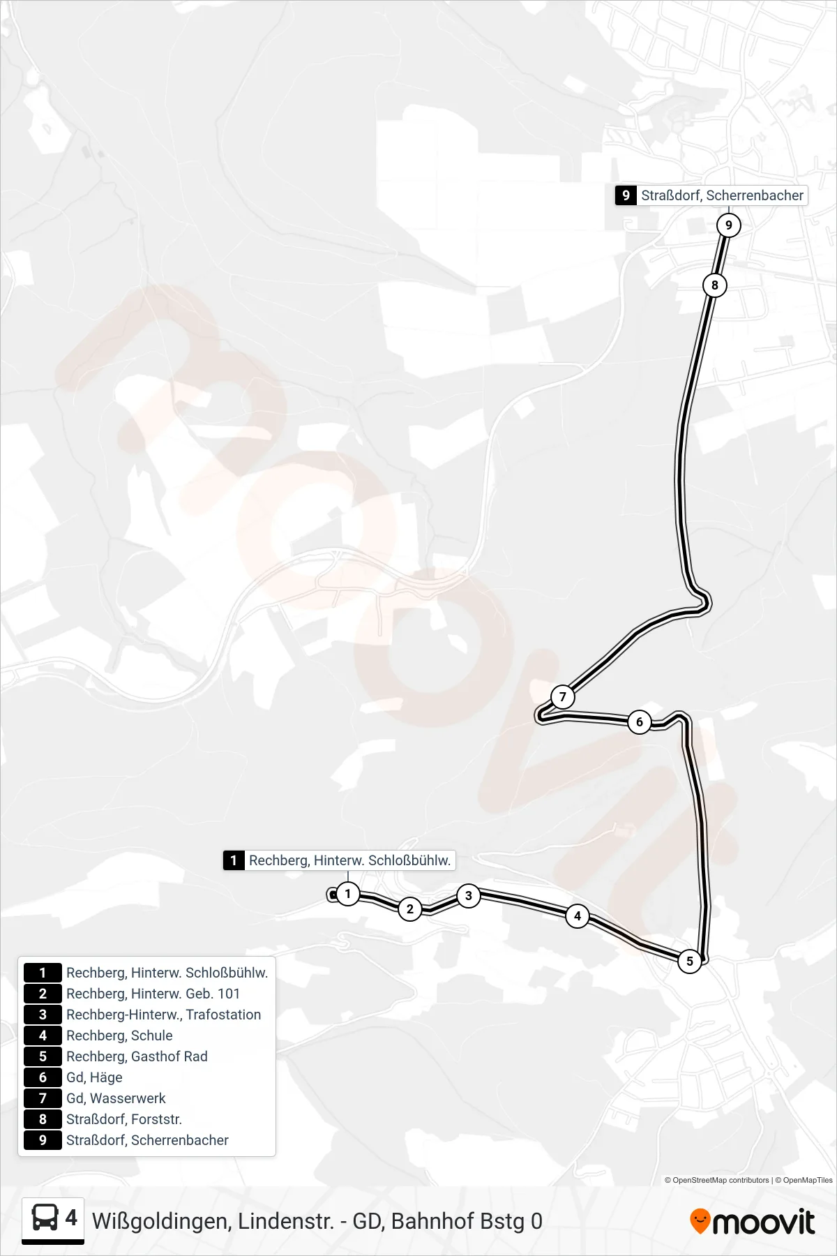 4 tram Line (Straßdorf, Scherrenbacher) route and stops on a map