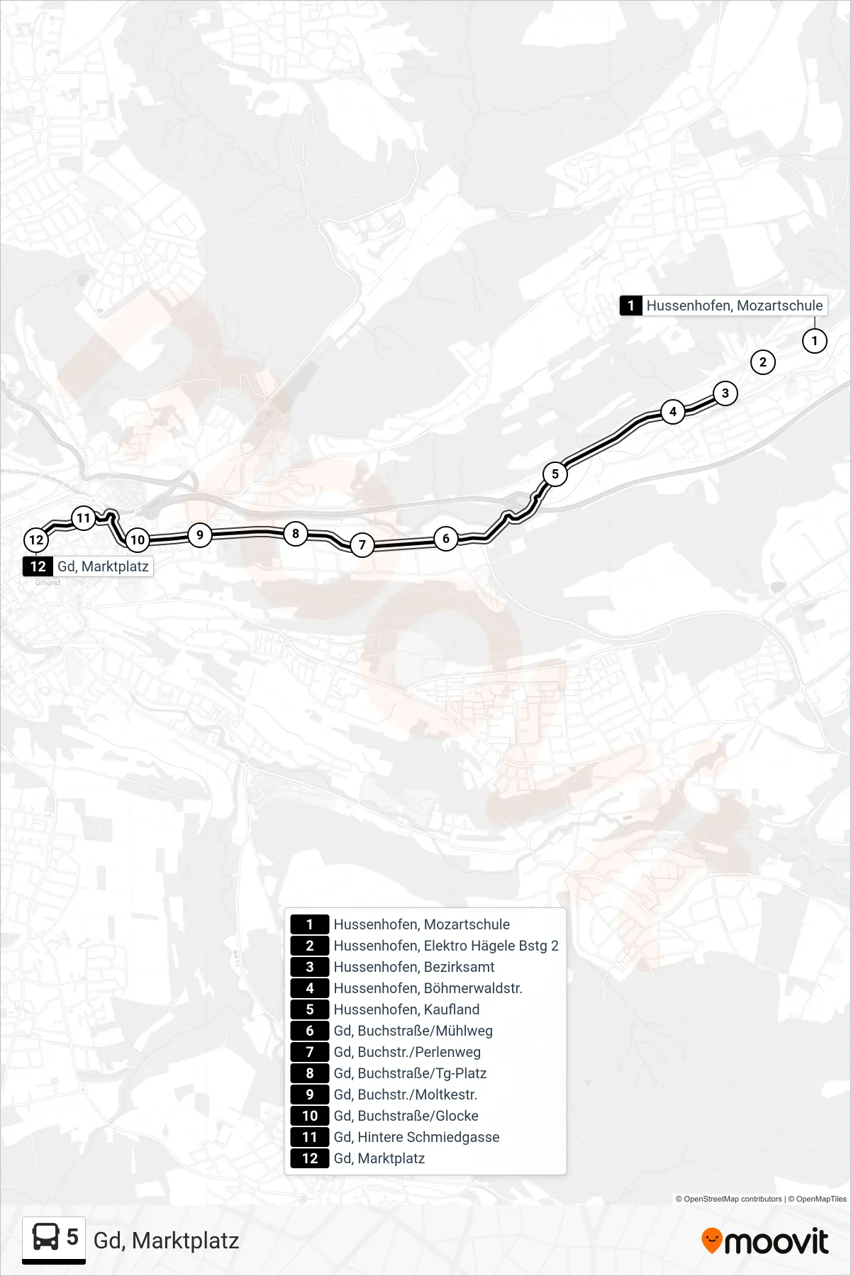 5 tram Line (Gd, Marktplatz) route and stops on a map