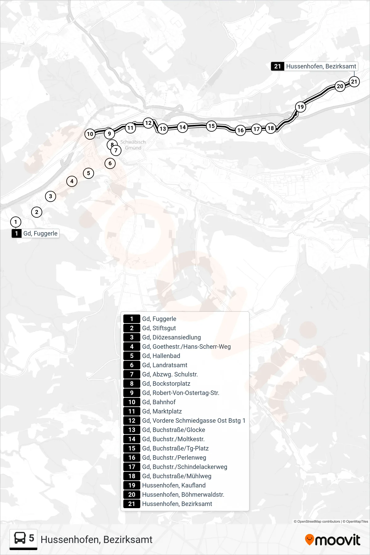 5 tram Line (Hussenhofen, Bezirksamt) route and stops on a map