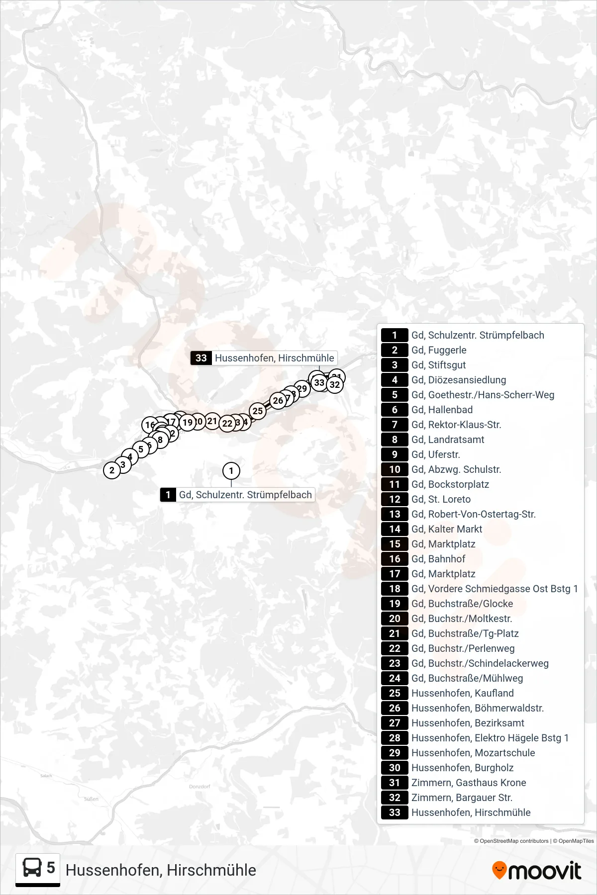 5 tram Line (Hussenhofen, Hirschmühle) route and stops on a map