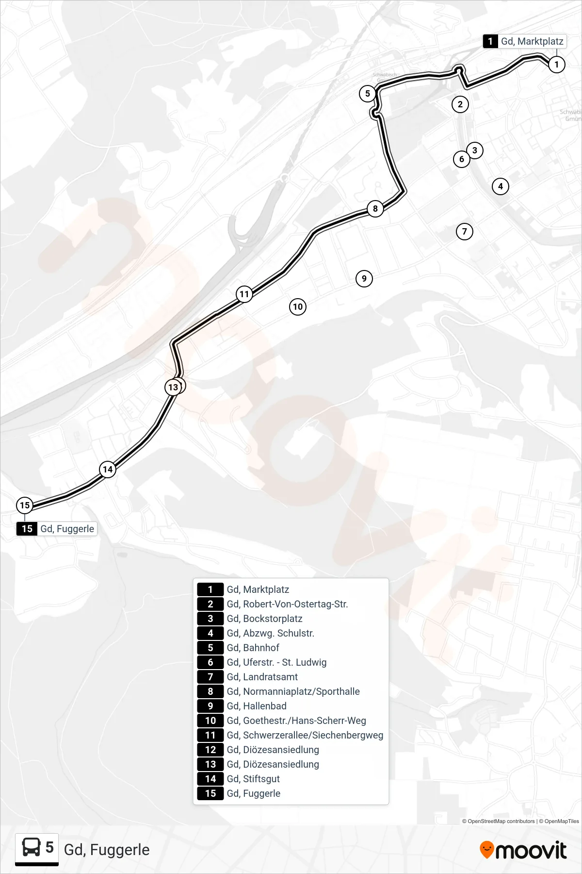 5 tram Line (Gd, Fuggerle) route and stops on a map