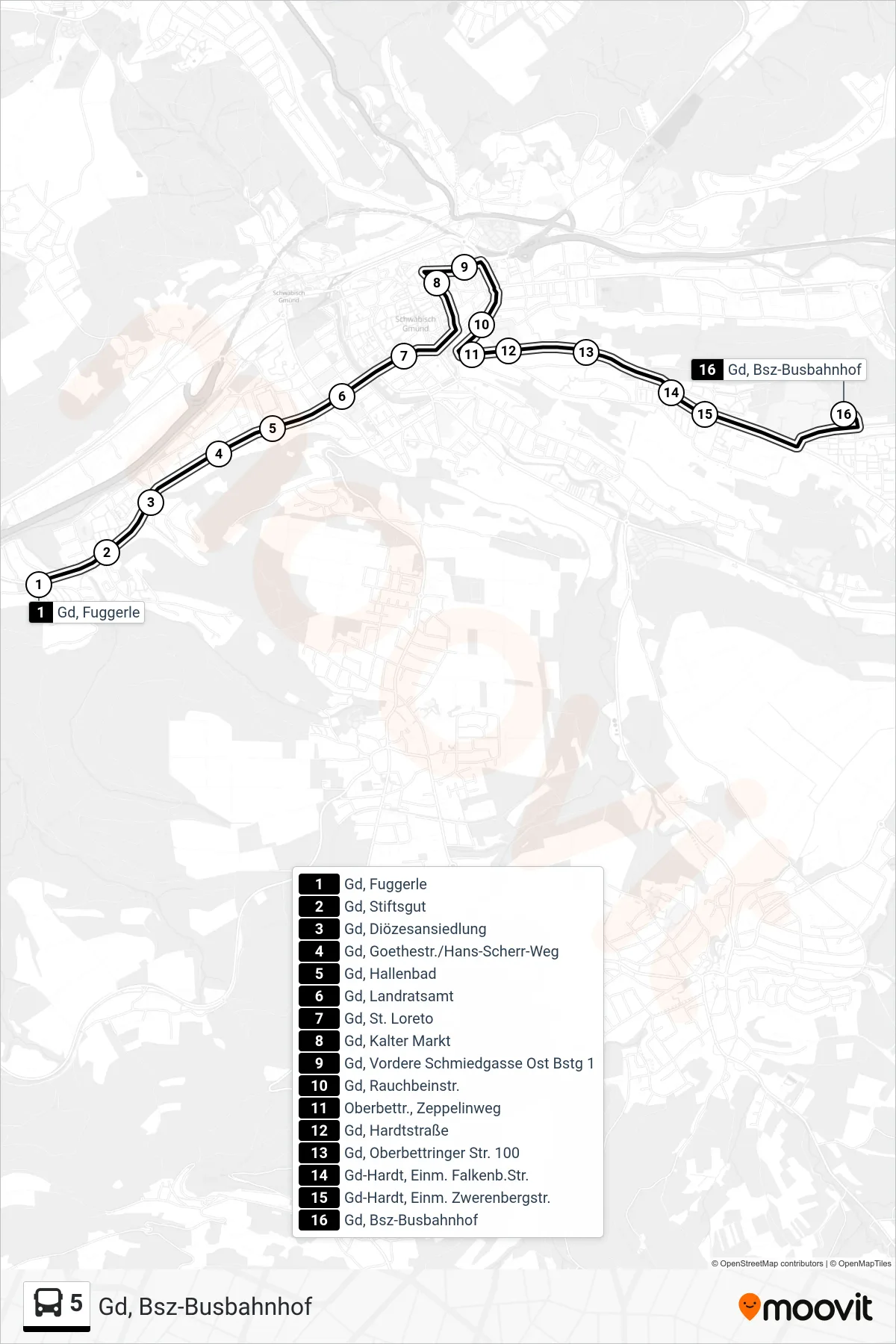 5 tram Line (Gd, Bsz-Busbahnhof) route and stops on a map