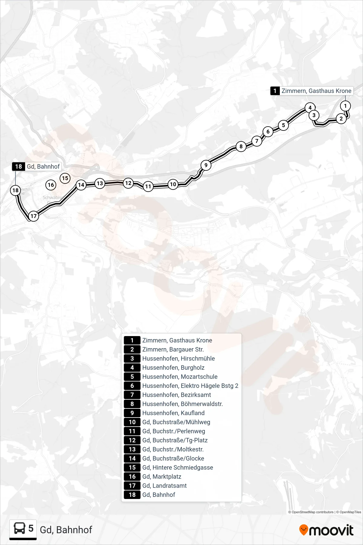 5 tram Line (Gd, Bahnhof) route and stops on a map