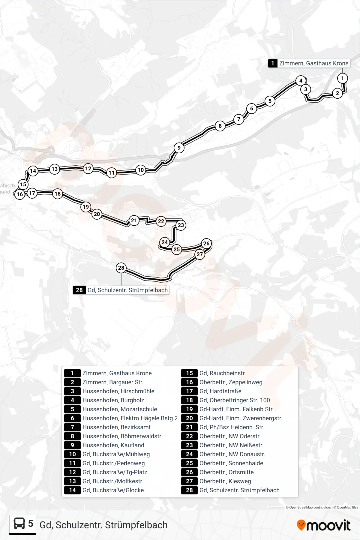 5 tram Line (Gd, Schulzentr. Strümpfelbach) route and stops on a map