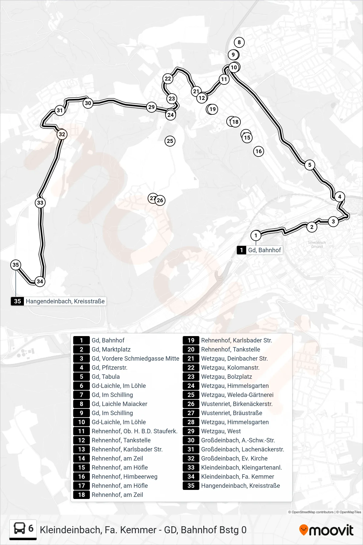 6 tram Line (Hangendeinbach, Kreisstraße) route and stops on a map