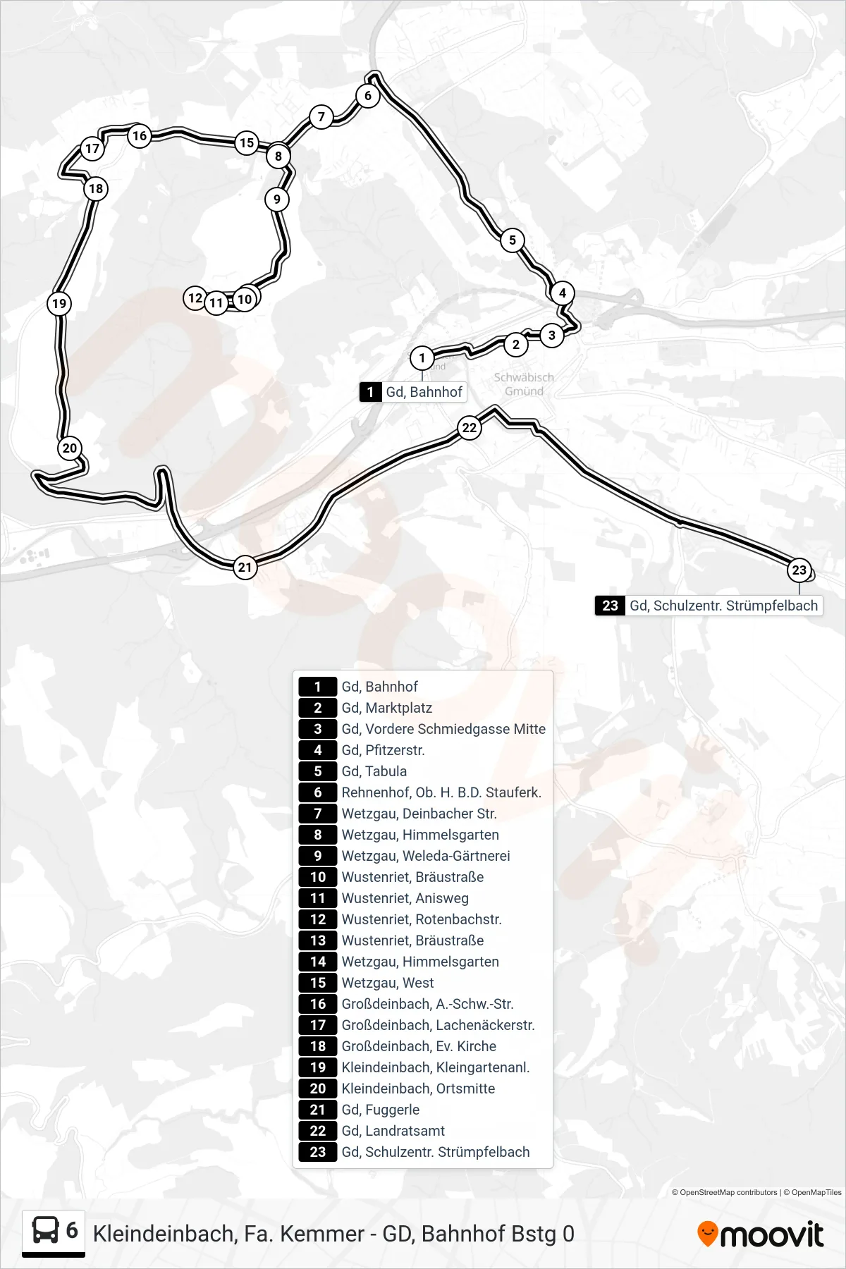 6 tram Line (Gd, Schulzentr. Strümpfelbach) route and stops on a map