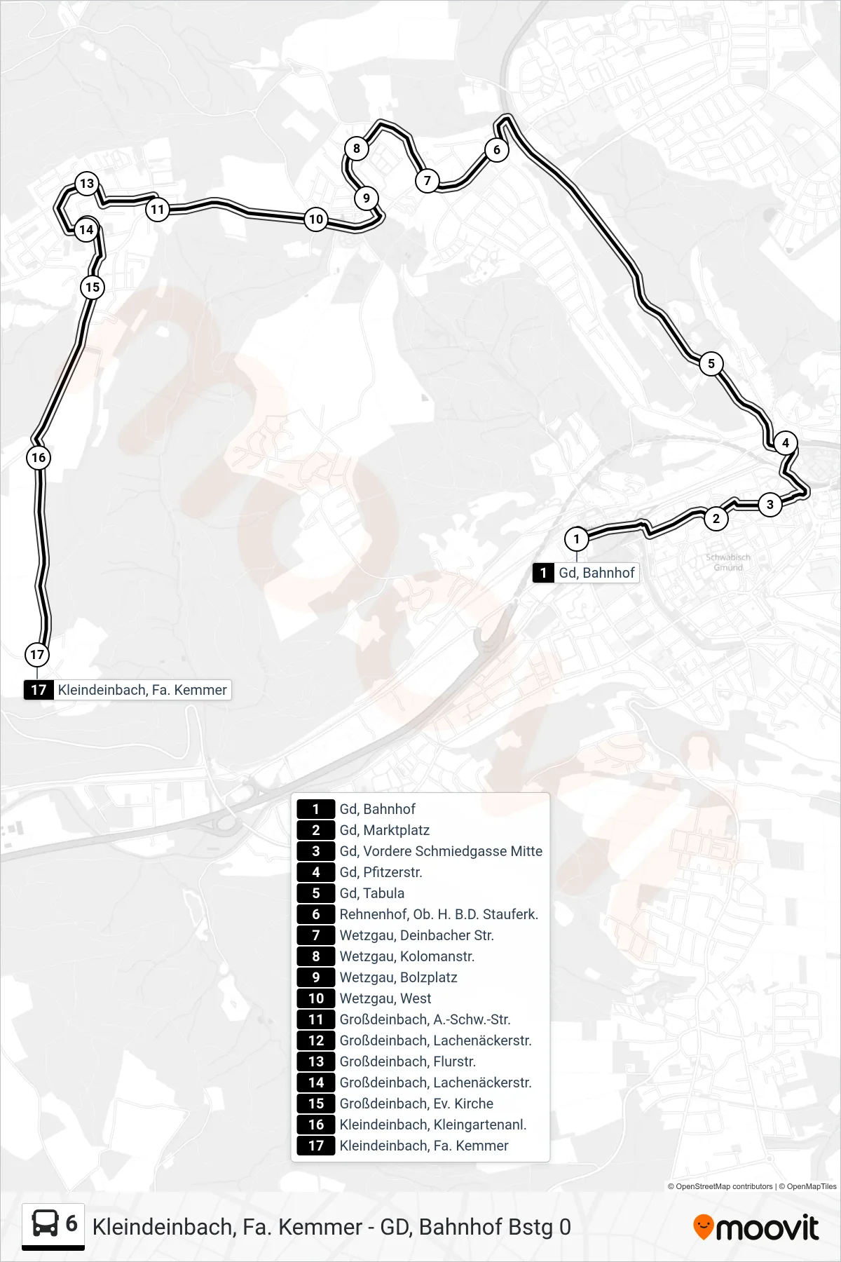 6 tram Line (Kleindeinbach, Fa. Kemmer) route and stops on a map