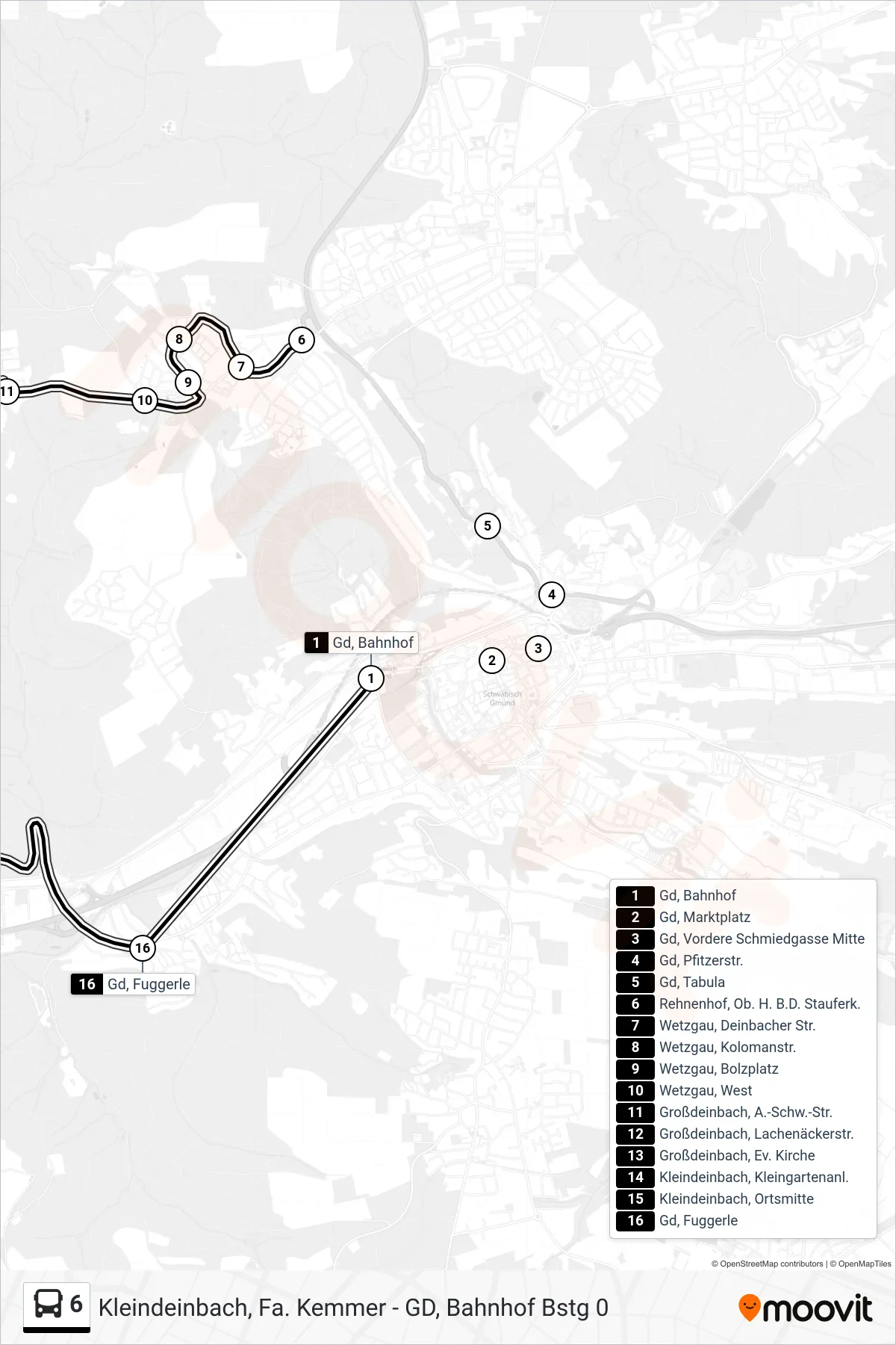 6 tram Line (Gd, Bahnhof) route and stops on a map