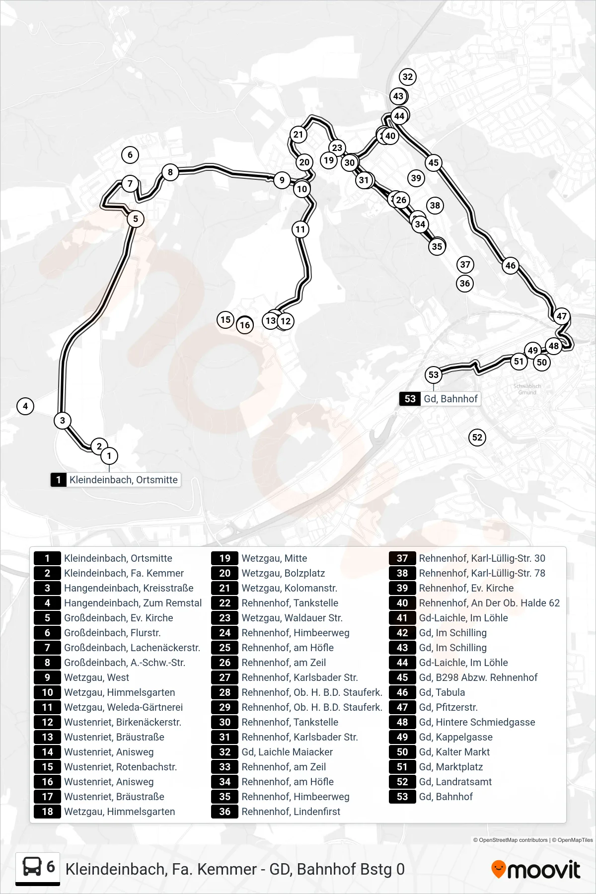 6 tram Line (Gd, Bahnhof) route and stops on a map