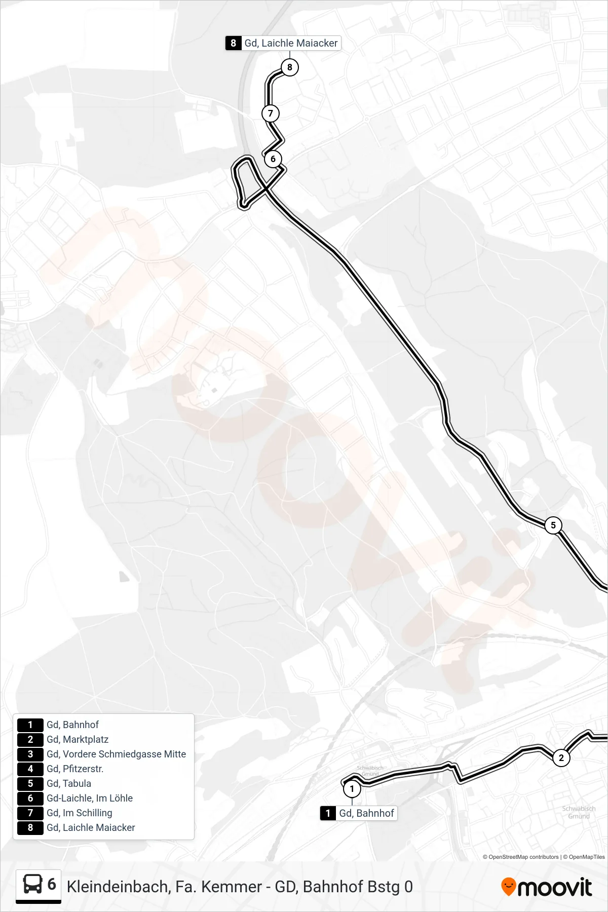 Linie 6 (Tram) Richtung Gd, Laichle Maiacker: Route und Haltestellen auf der Karte
