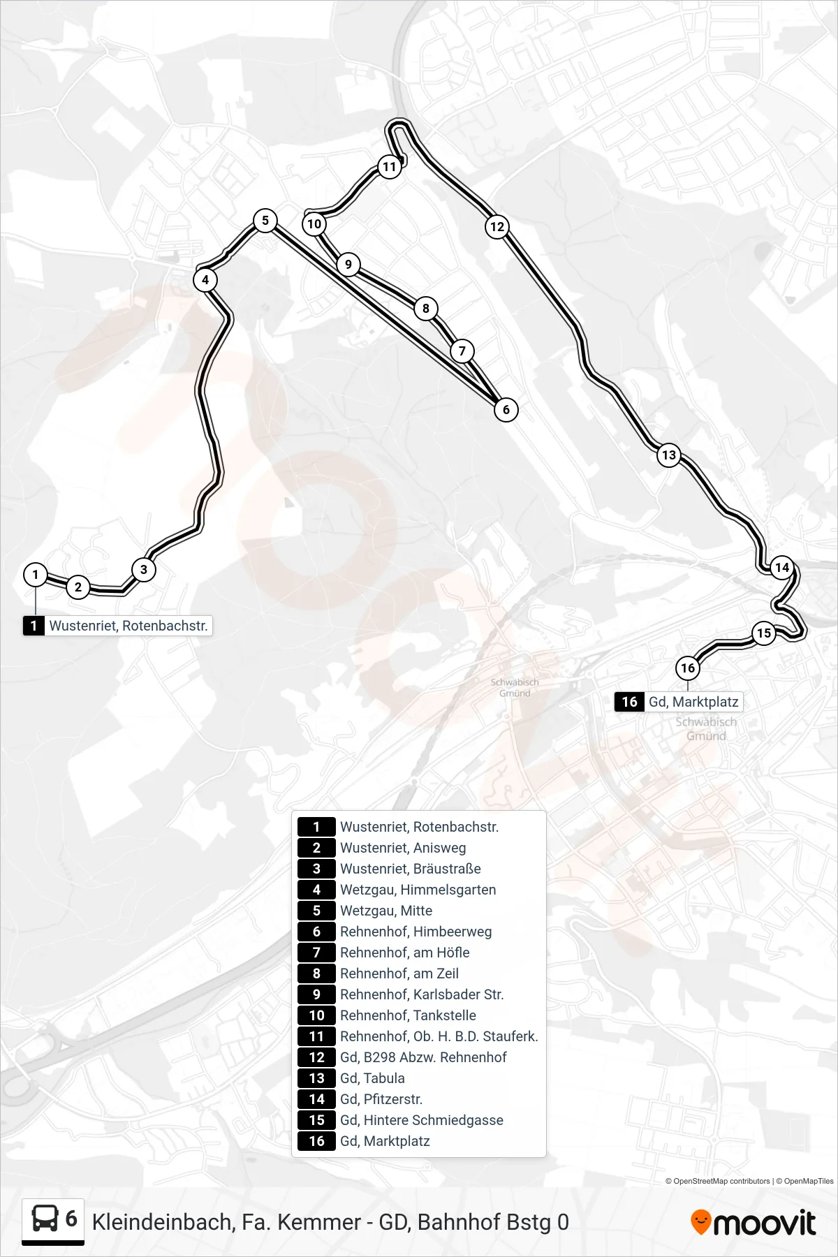 6 tram Line (Gd, Marktplatz) route and stops on a map