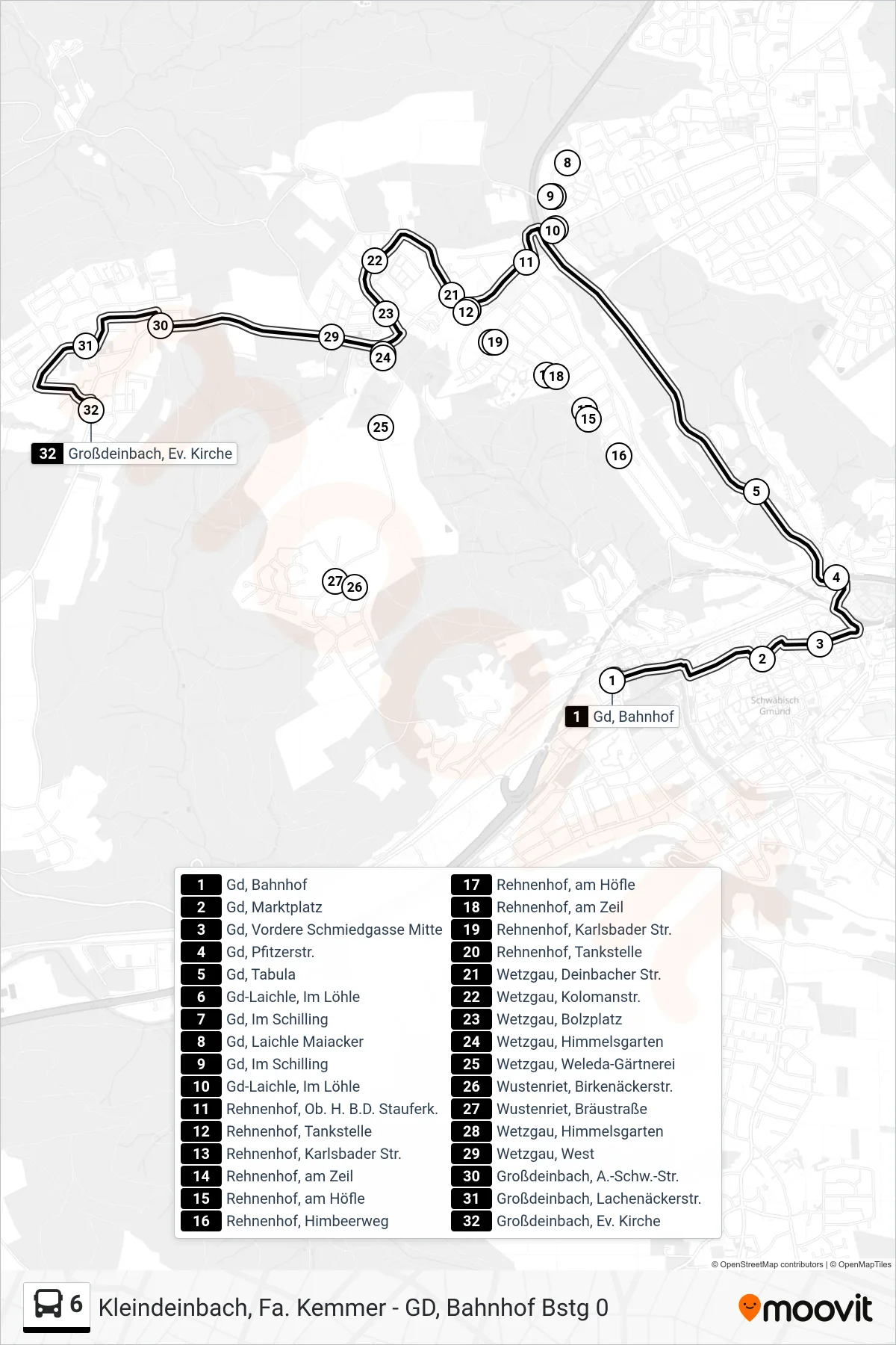 6 tram Line (Großdeinbach, Ev. Kirche) route and stops on a map