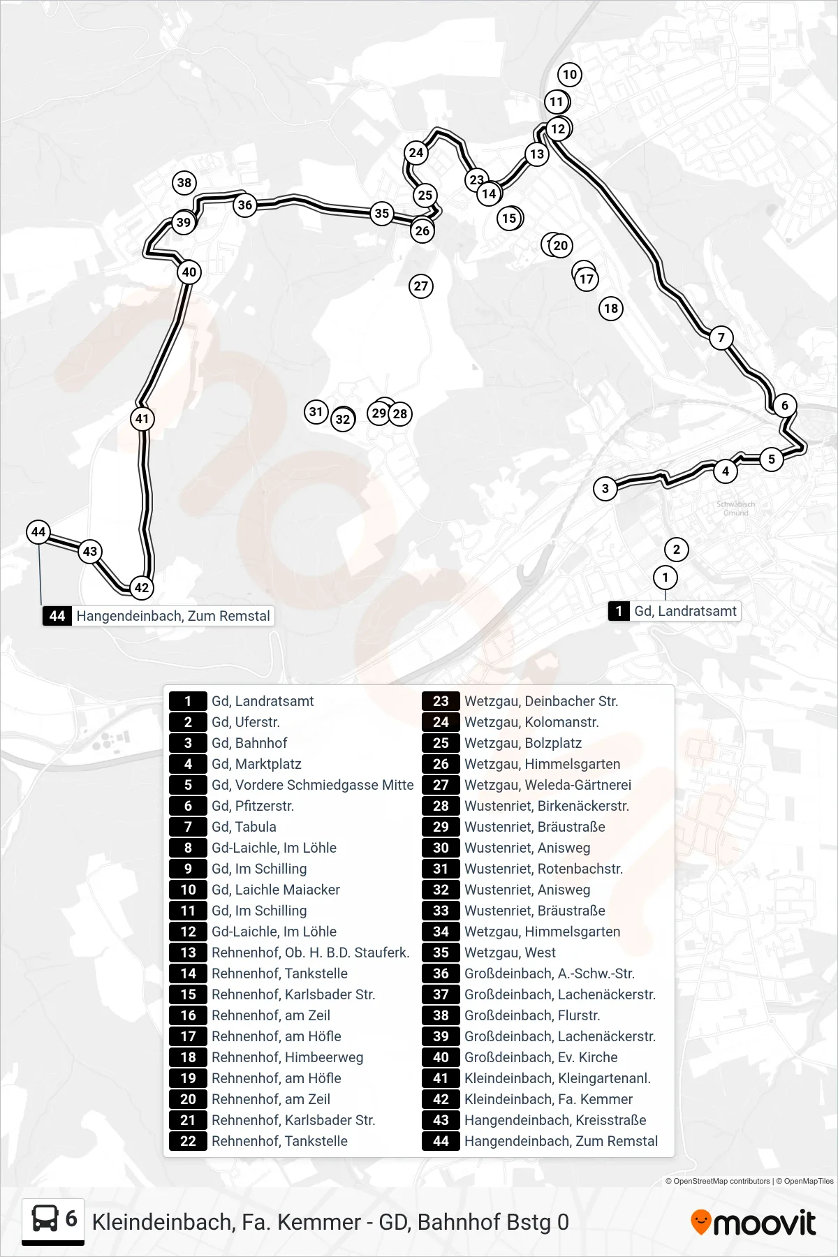 6 tram Line (Hangendeinbach, Zum Remstal) route and stops on a map