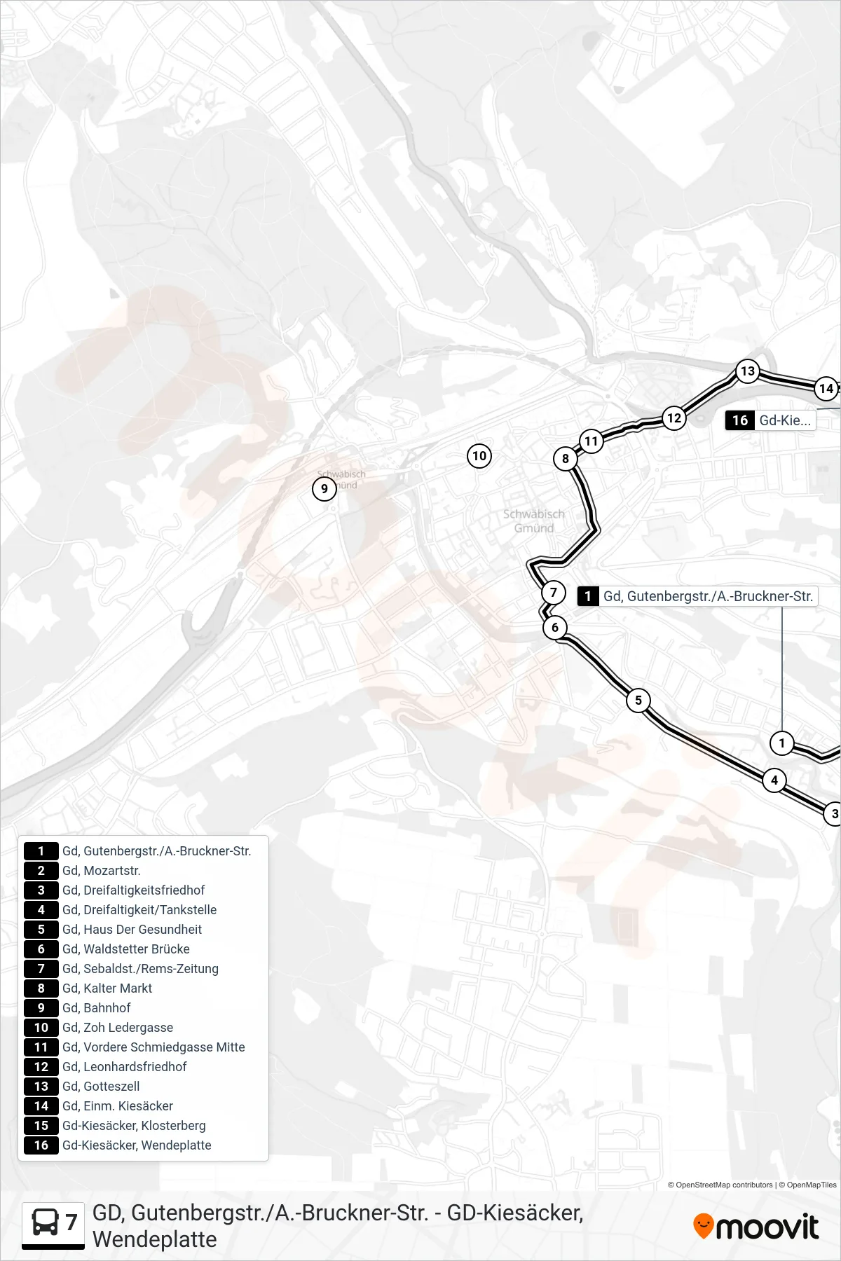 7 tram Line (Gd-Kiesäcker, Wendeplatte) route and stops on a map