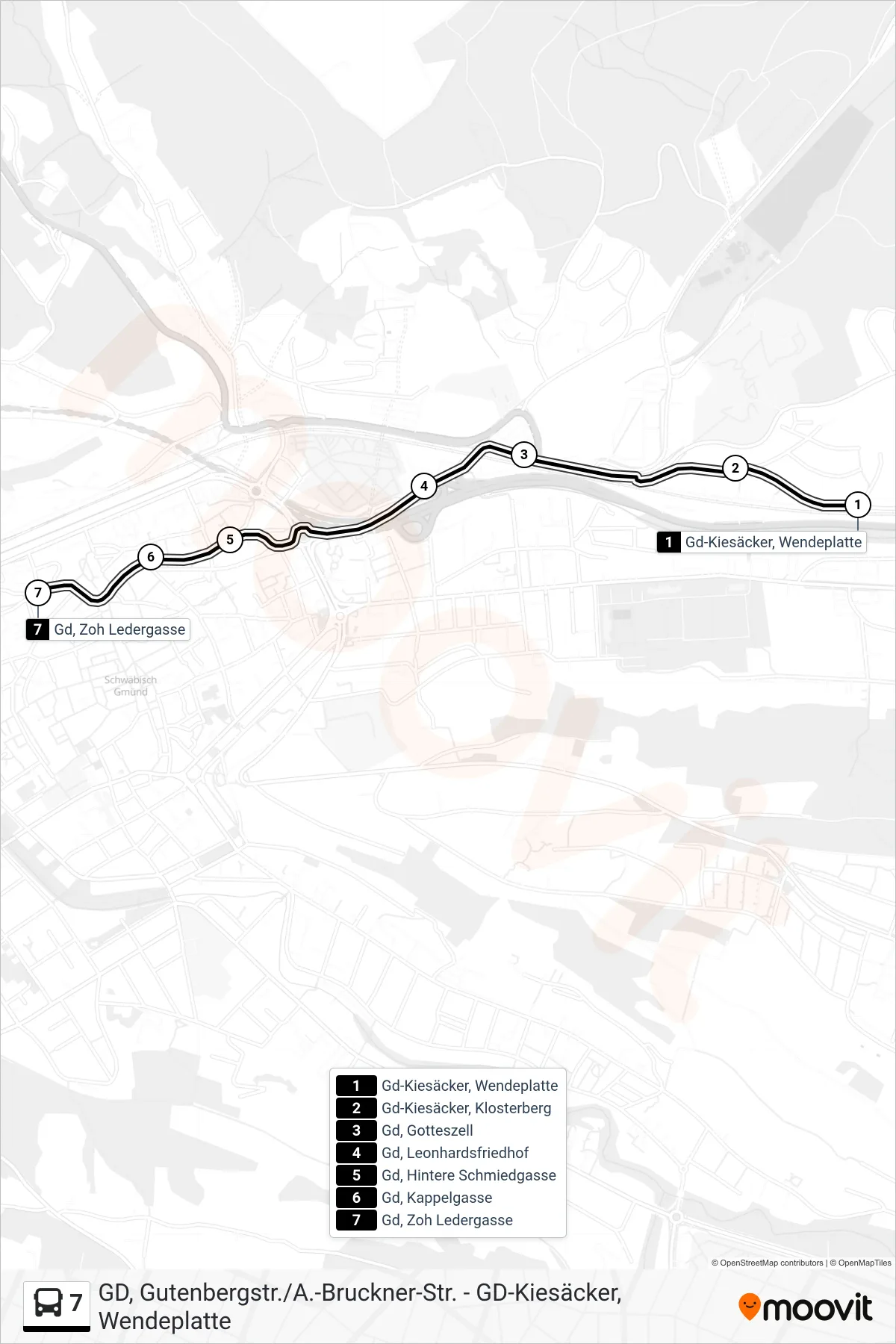 7 tram Line (Gd, Zoh Ledergasse) route and stops on a map