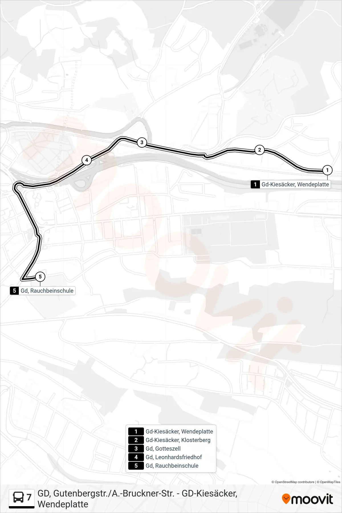 7 tram Line (Gd, Rauchbeinschule) route and stops on a map