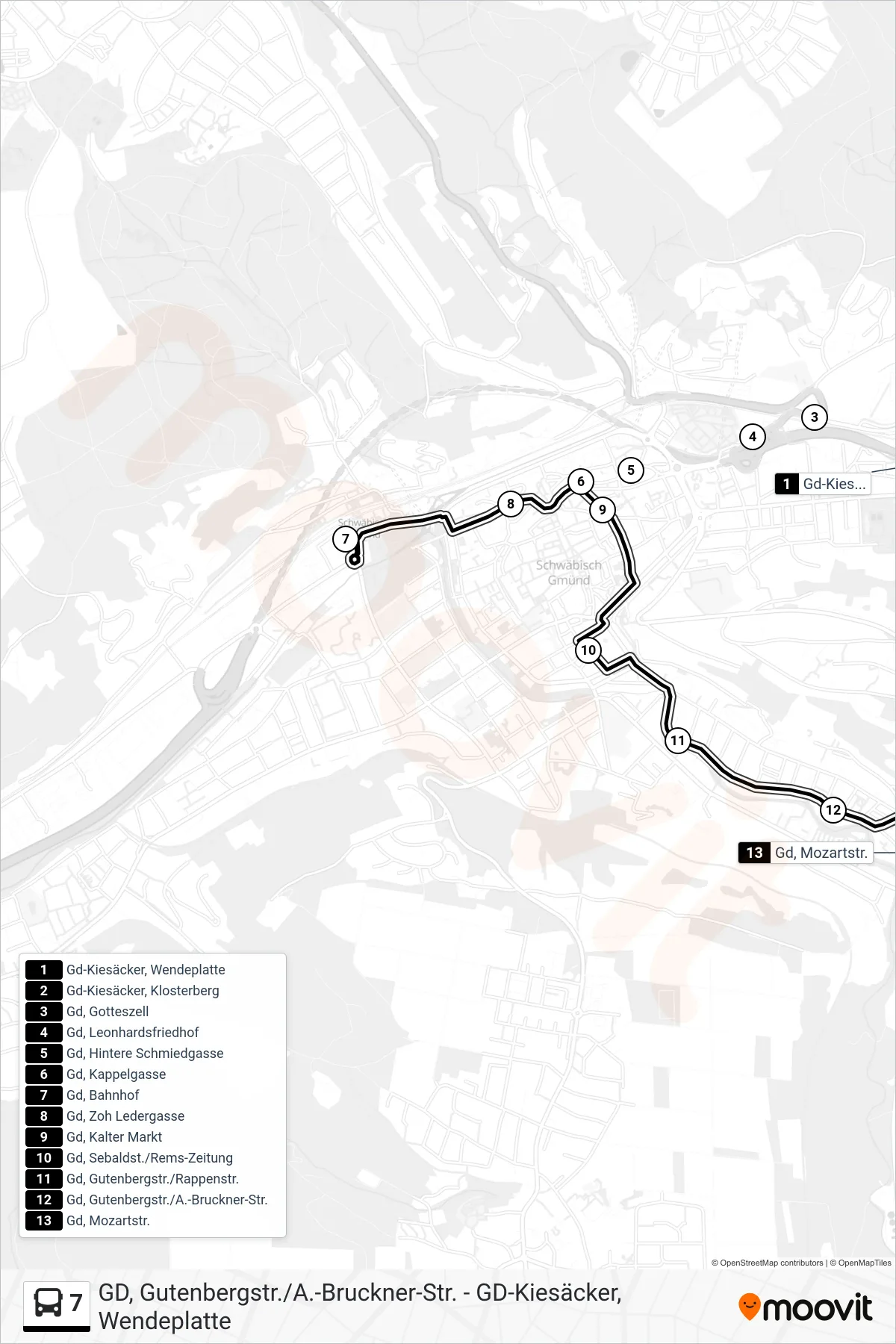 Linie 7 (Tram) Richtung Gd, Mozartstr.: Route und Haltestellen auf der Karte