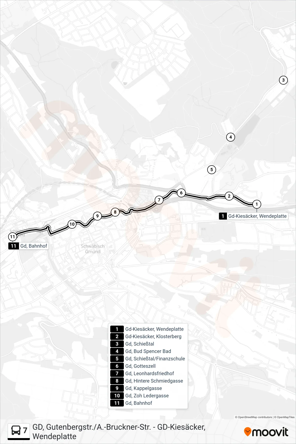 7 tram Line (Gd, Bahnhof) route and stops on a map