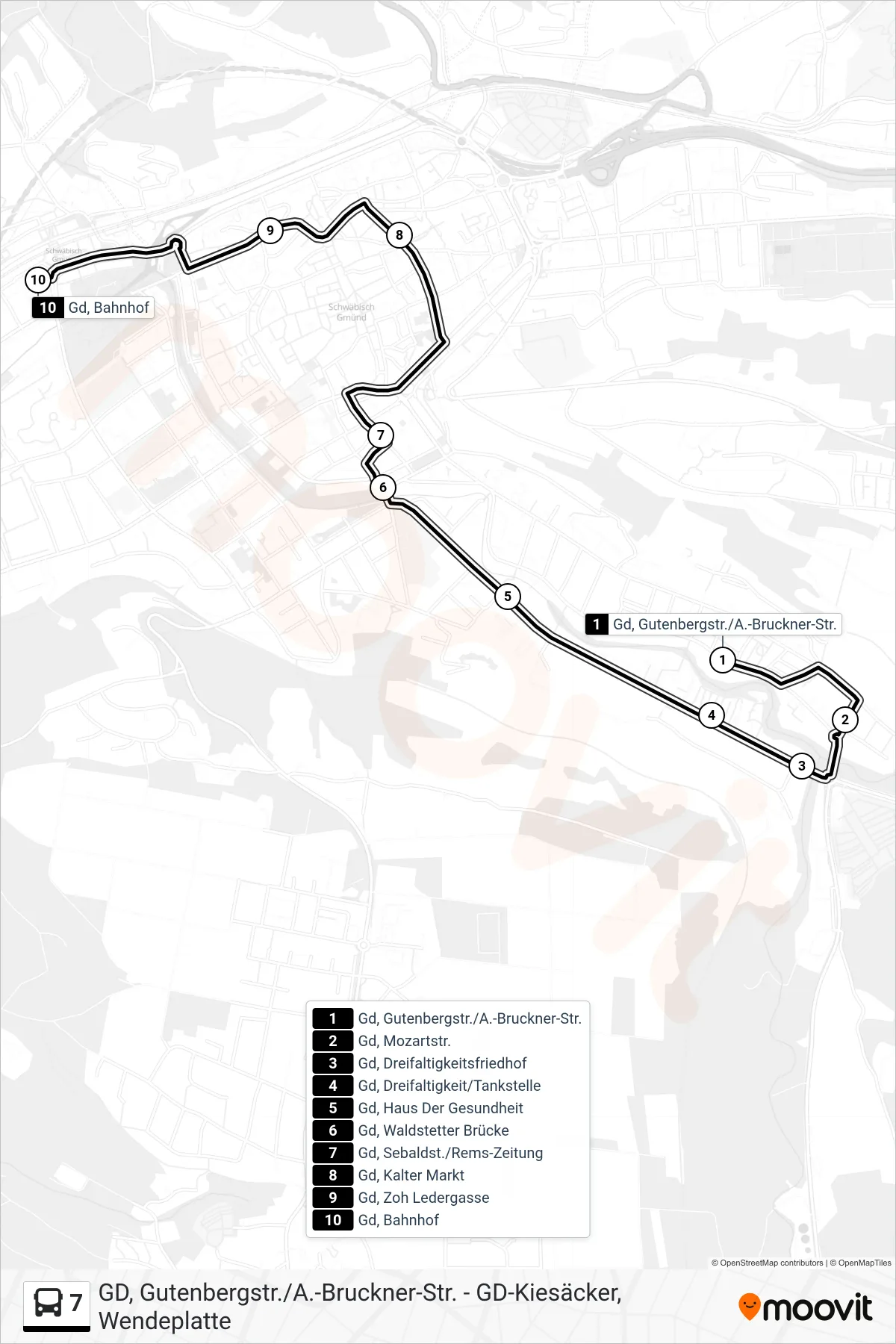 7 tram Line (Gd, Bahnhof) route and stops on a map
