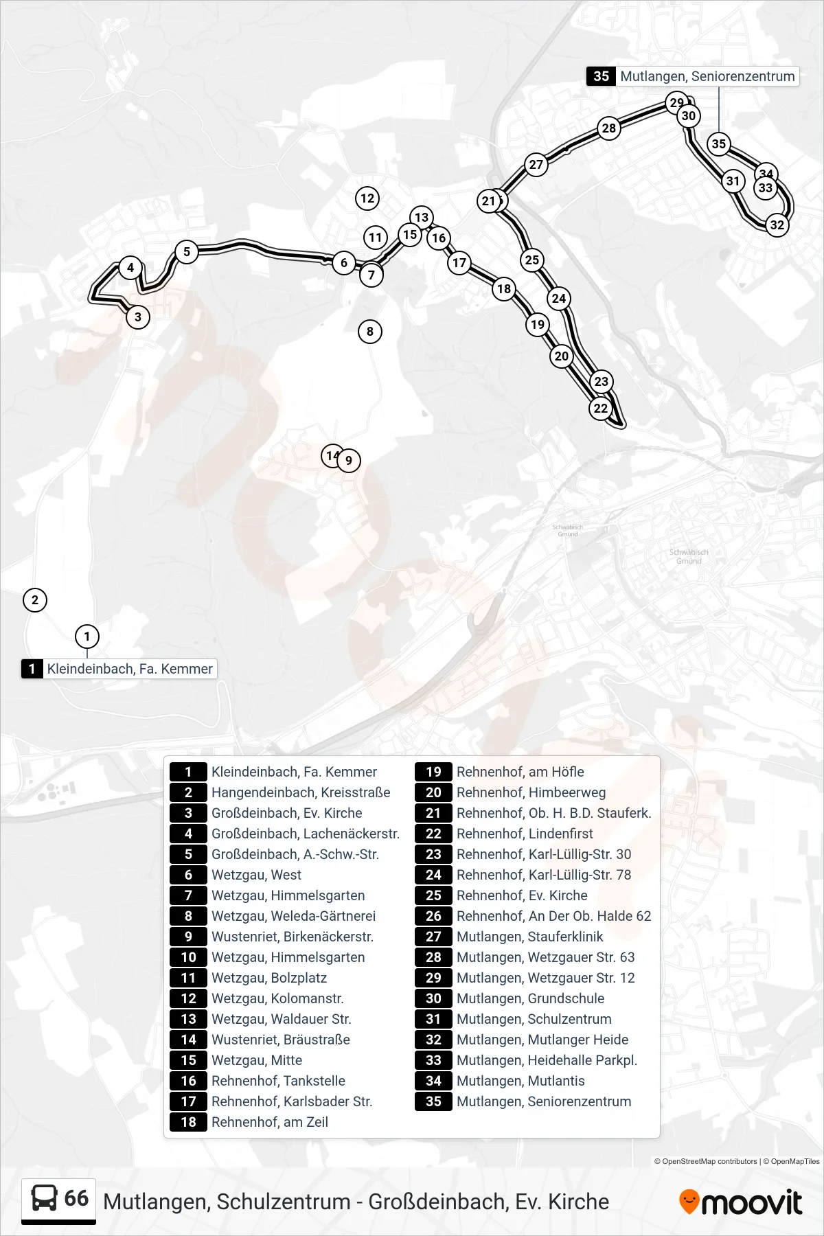66 tram Line (Mutlangen, Seniorenzentrum) route and stops on a map