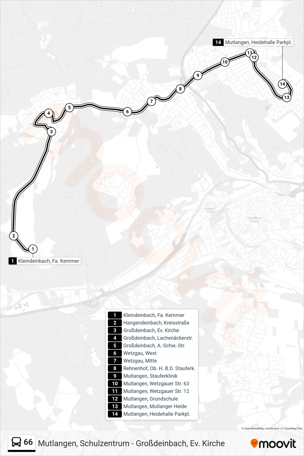 66 tram Line (Mutlangen, Heidehalle Parkpl.) route and stops on a map