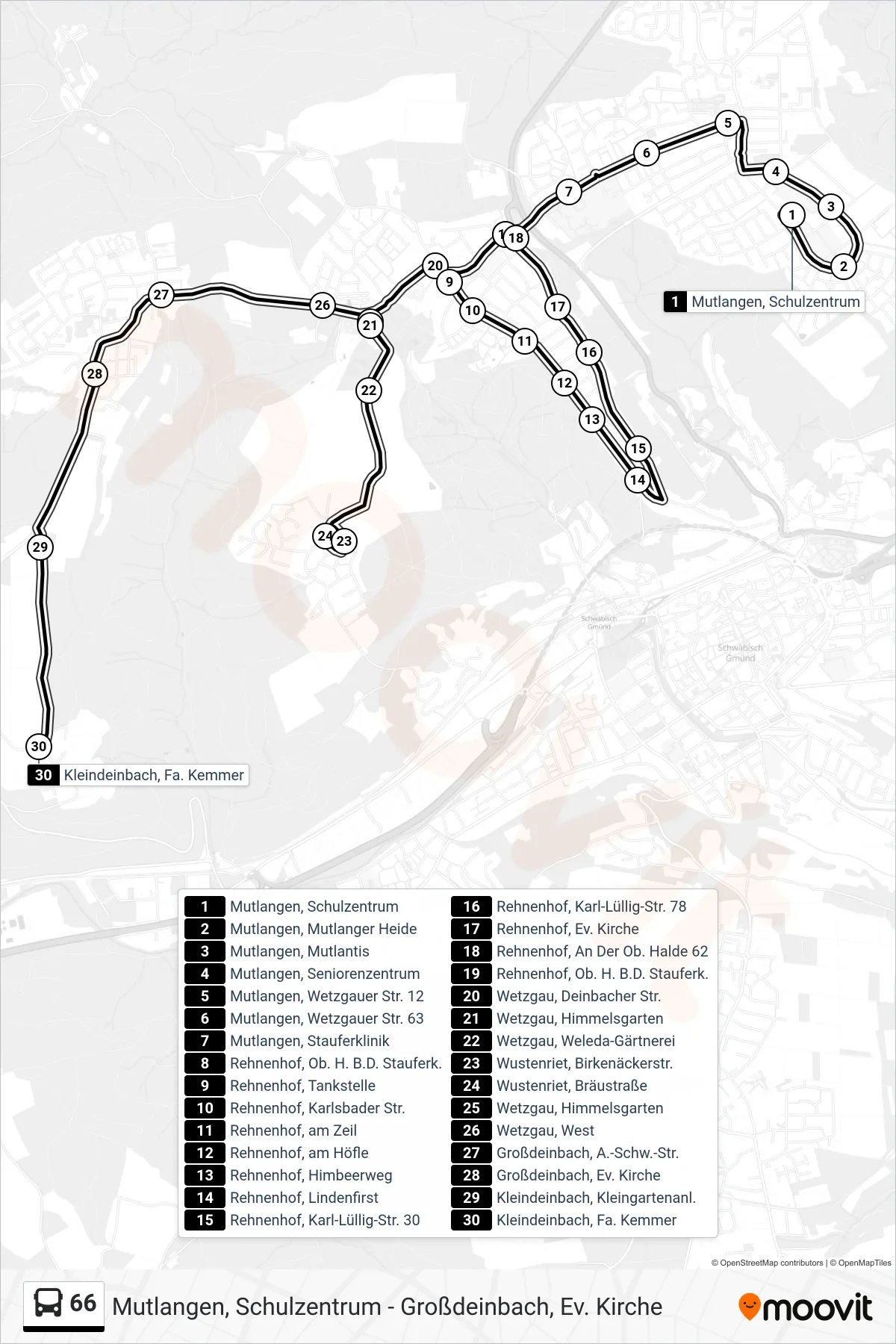 66 tram Line (Kleindeinbach, Fa. Kemmer) route and stops on a map
