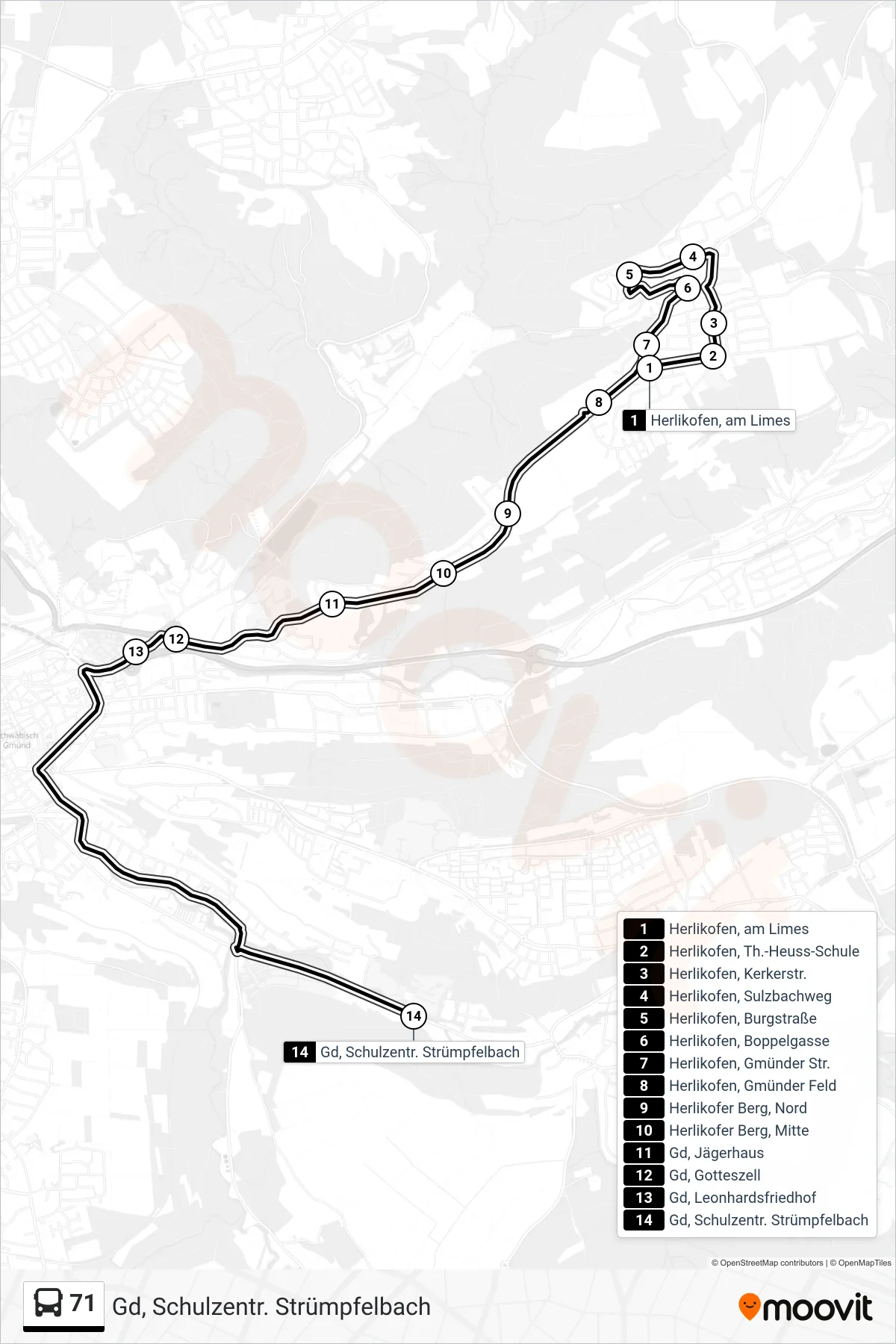 71 tram Line (Gd, Schulzentr. Strümpfelbach) route and stops on a map