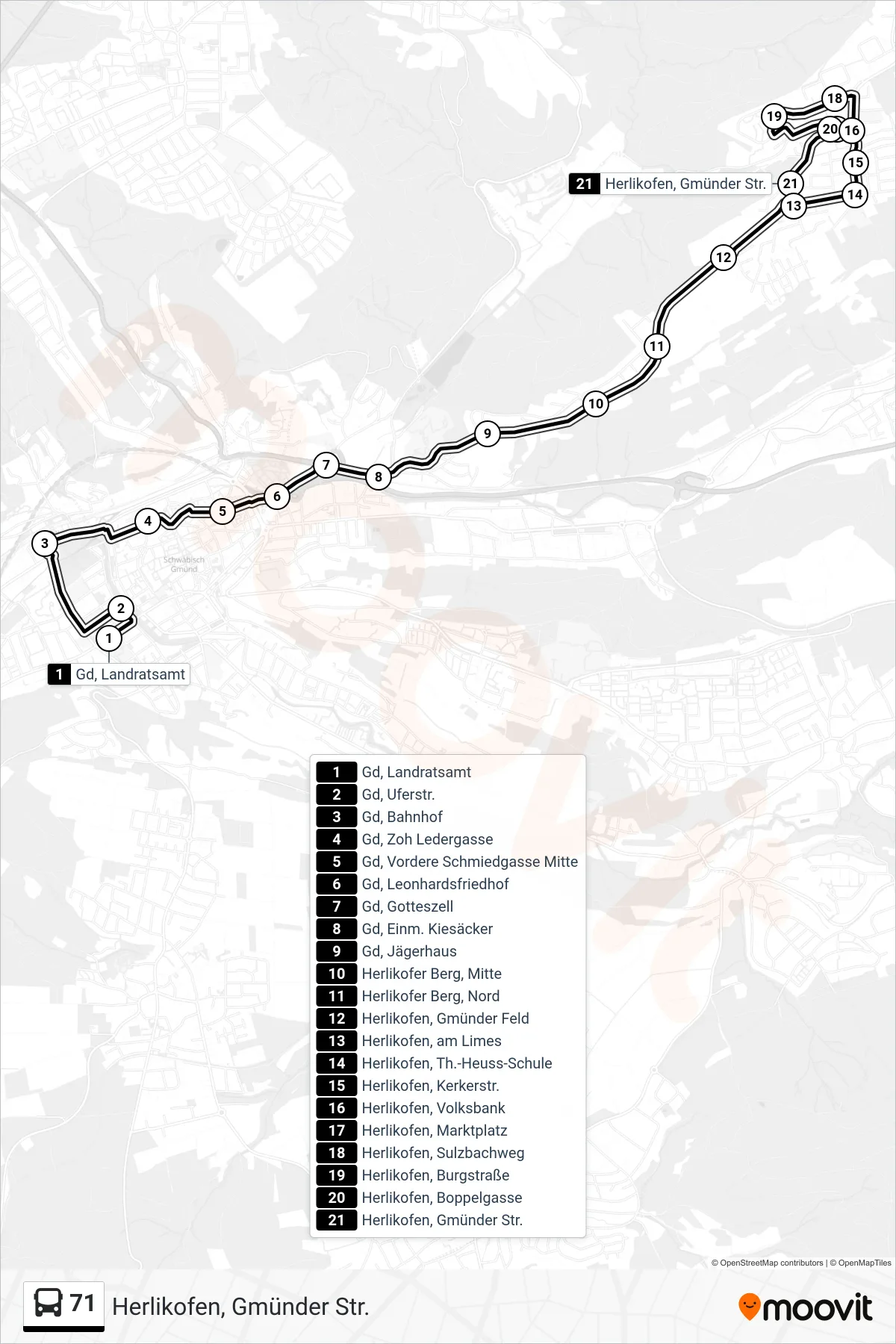 Linie 71 (Tram) Richtung Herlikofen, Gmünder Str.: Route und Haltestellen auf der Karte